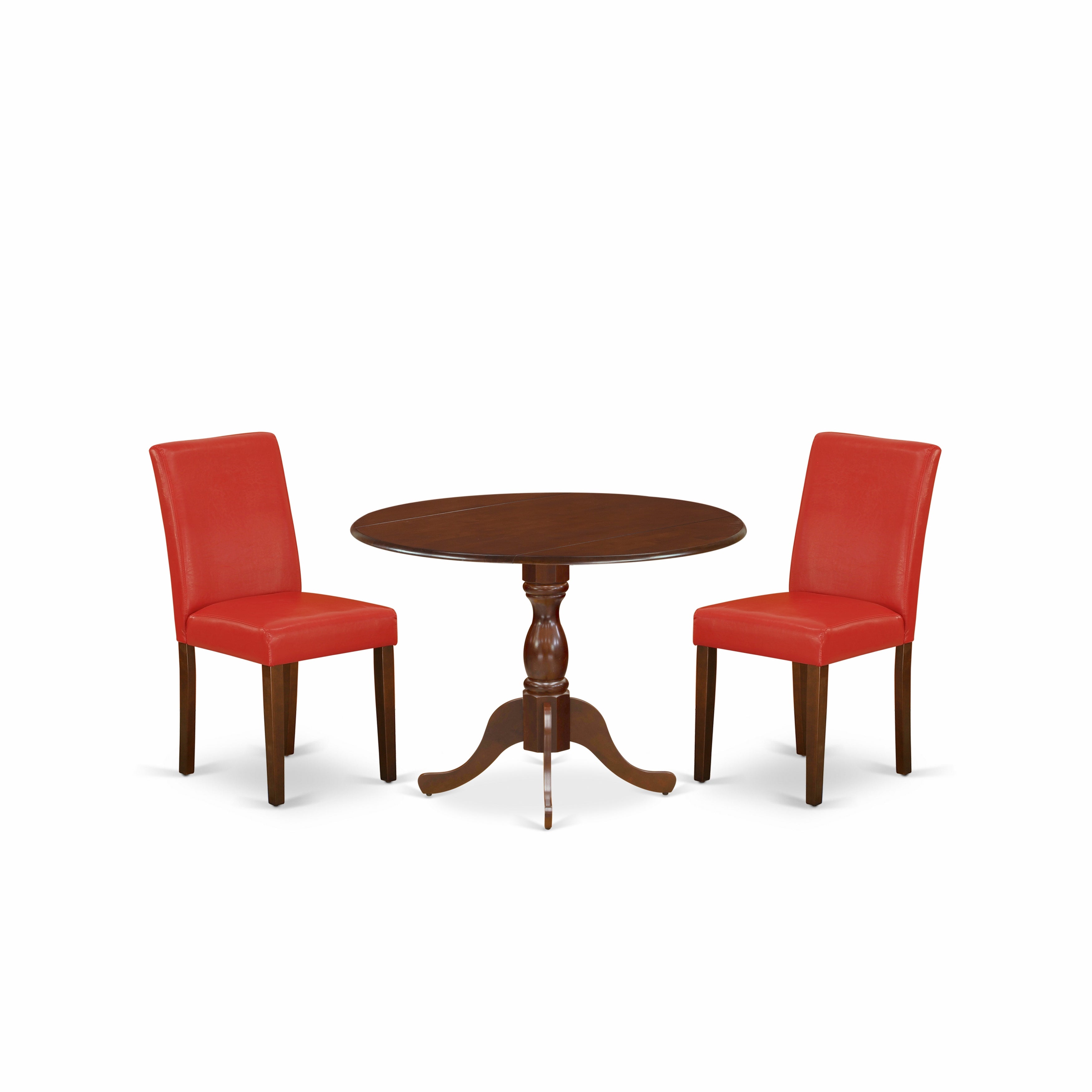 DMAB3-MAH-72 3 Piece Kitchen Table Set Includes 1 Drop Leaves Dining Room Table and 2 Firebrick Red PU faux Leather Upholstered Chair with High Back - Mahogany Finish