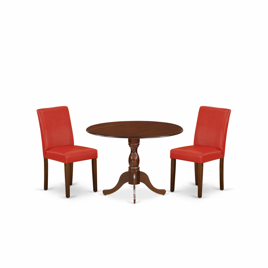 East West Furniture DMAB3-MAH-72 3 Piece Kitchen Table Set Contains a Round Dining Room Table with Dropleaf and 2 Firebrick Red Faux Leather Parson Dining Chairs