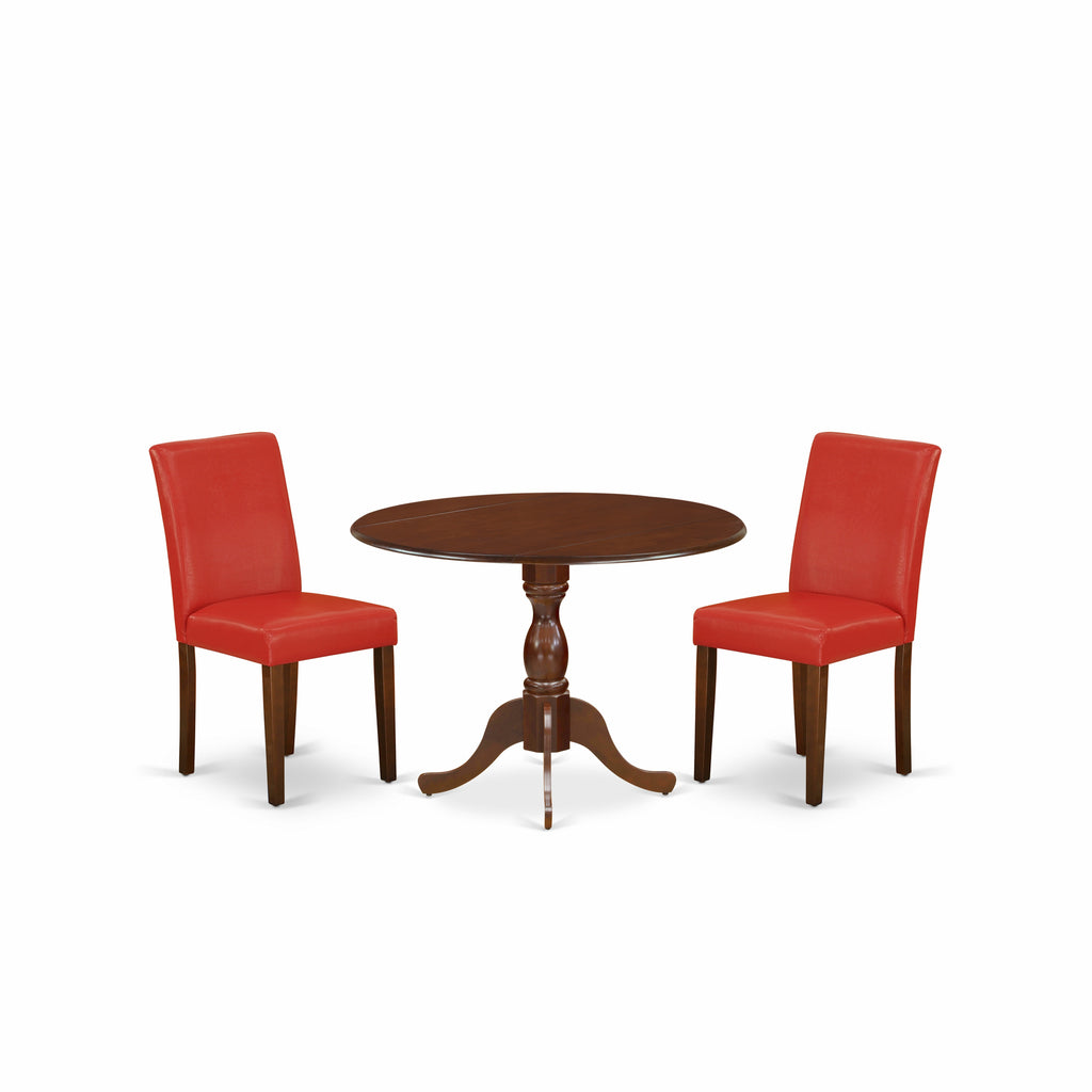 East West Furniture DMAB3-MAH-72 3 Piece Kitchen Table Set Contains a Round Dining Room Table with Dropleaf and 2 Firebrick Red Faux Leather Parson Dining Chairs, 42x42 Inch, Mahogany