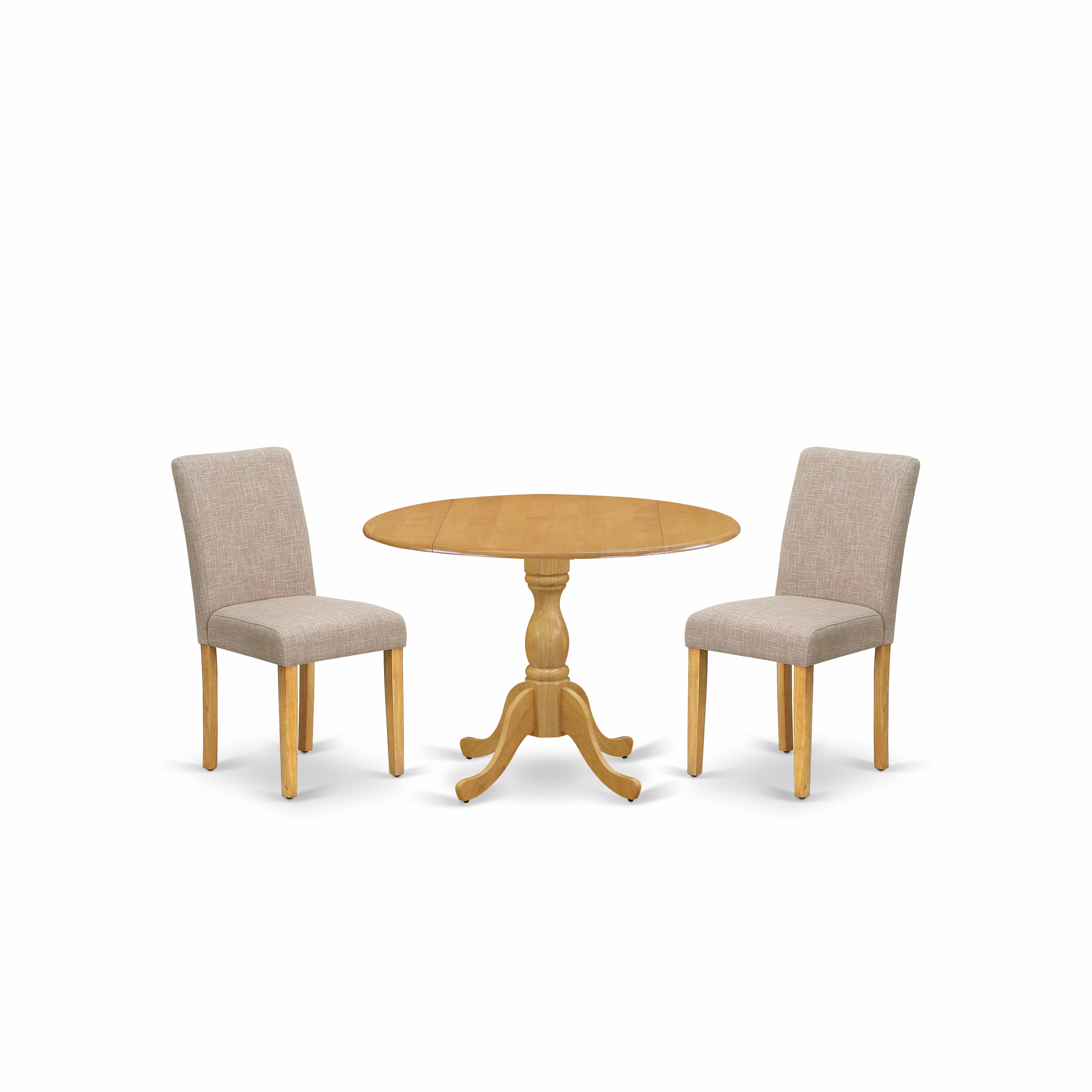 East West Furniture DMAB3-OAK-04 3 Piece Dining Table Set - Oak Small Dining Table and 2 Light Tan Linen Fabric Modern Dining Chairs with High Back - Oak Finish