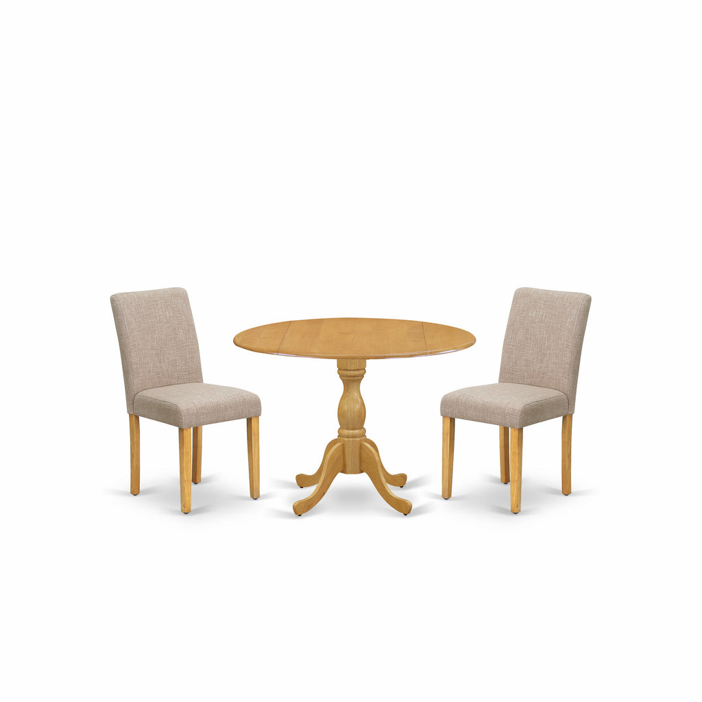 East West Furniture DMAB3-OAK-04 3 Piece Kitchen Table Set Contains a Round Dining Room Table with Dropleaf and 2 Light Tan Linen Fabric Parsons Dining Chairs, 42x42 Inch, Oak