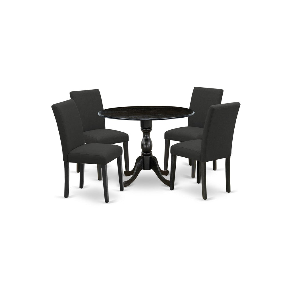 Juego de mesa de comedor moderna de 5 piezas DMAB5-ABK-24 de East West Furniture. Incluye una mesa redonda de madera con alas abatibles y 4 sillas tapizadas en tela de lino de color negro.