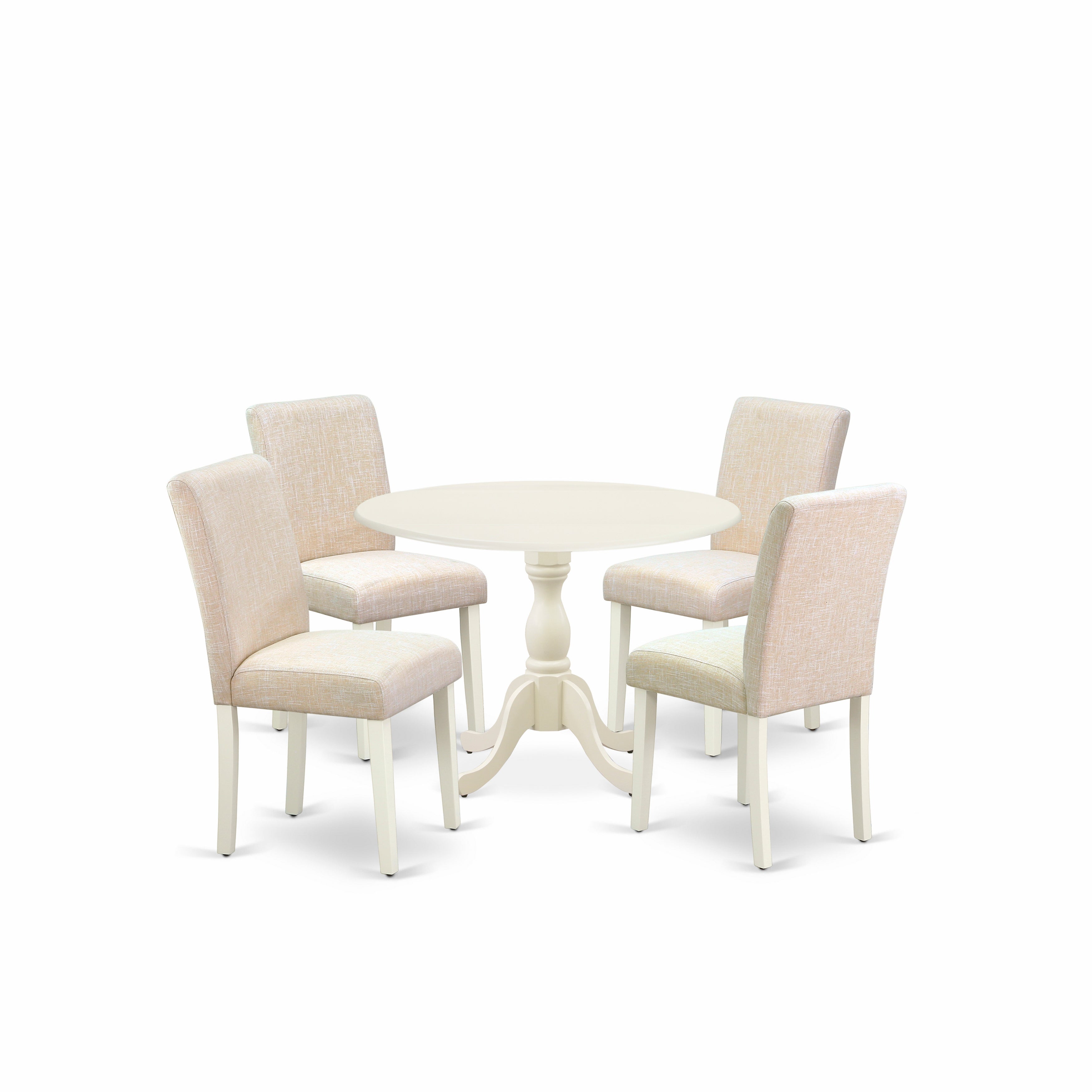 East West Furniture DMAB5-LWH-02 5 Piece Modern Dining Table Set Contains 1 Drop Leaves Dining Table and 4 Light Beige Linen Fabric Dining Room Chairs with High Back - linen white Finish