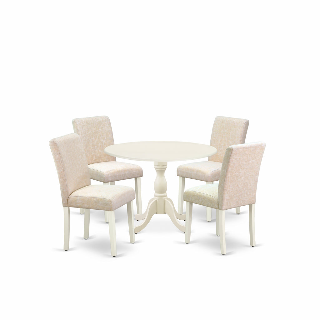 Juego de mesa de comedor East West Furniture DMAB5-LWH-02 de 5 piezas para 4 personas. Incluye una mesa de cocina redonda con alas abatibles y 4 sillas de comedor Parson de tela de lino beige claro.