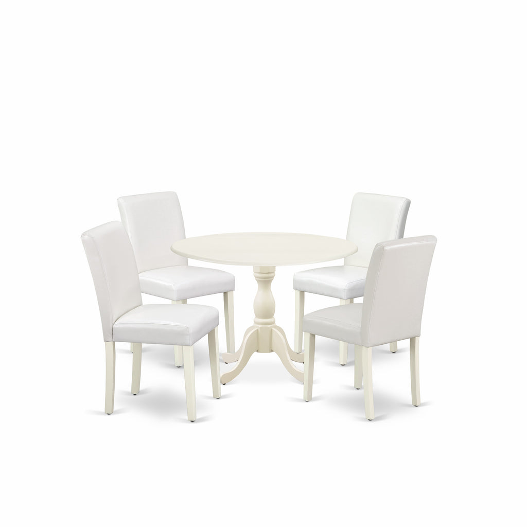 El juego de mesa de comedor de 5 piezas DMAB5-LWH-64 de East West Furniture incluye una mesa de comedor redonda con alas abatibles y 4 sillas Parson tapizadas en piel sintética blanca.