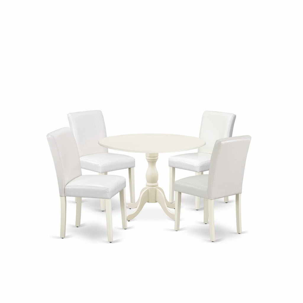 East West Furniture DMAB5-LWH-64 5 Piece Dining Room Table Set Includes a Round Dining Table with Dropleaf and 4 White Faux Leather Upholstered Parson Chairs, 42x42 Inch, Linen White