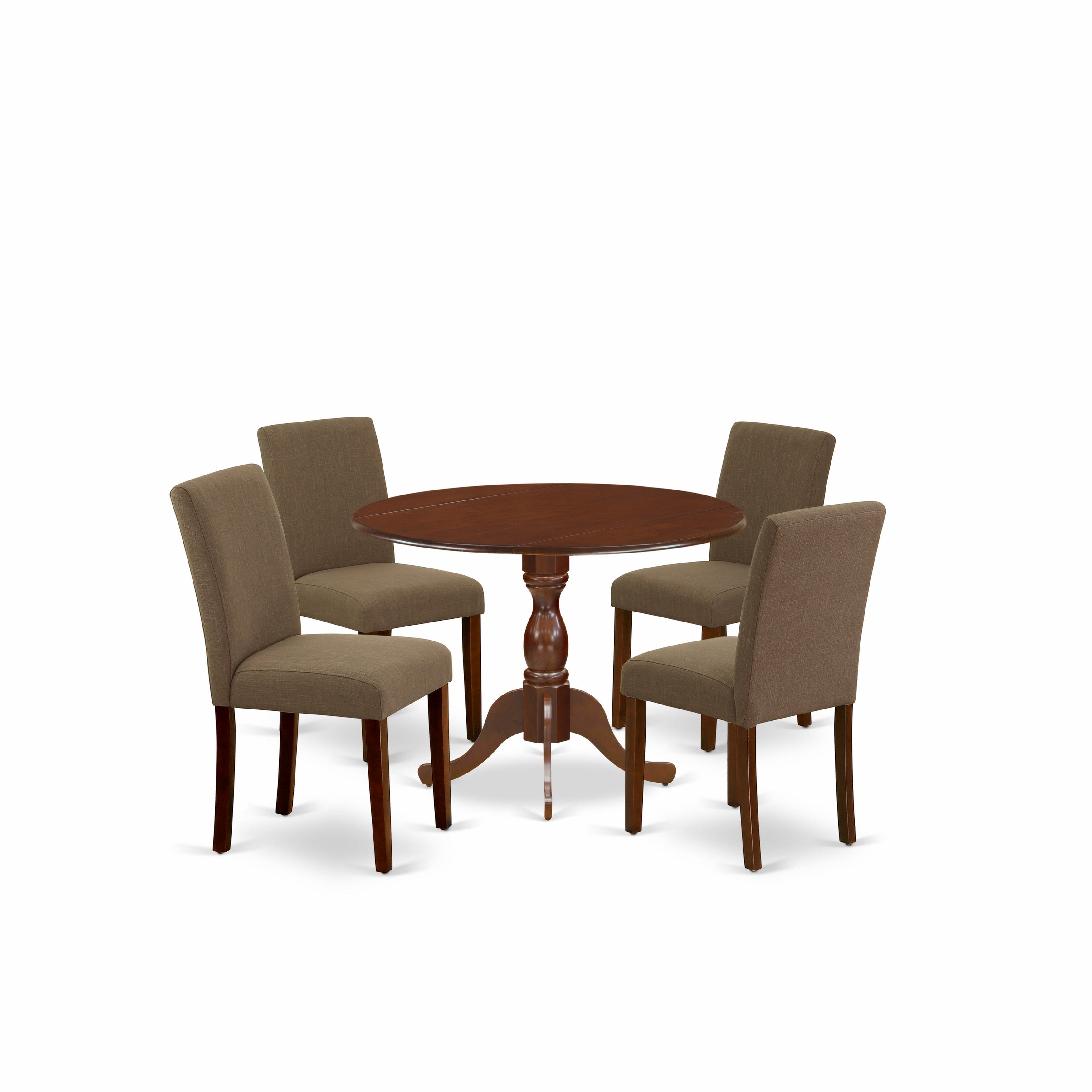 East West Furniture DMAB5-MAH-18 5 Piece Wood Dining Table Set Consists of 1 Drop Leaves Kitchen Table and 4 Coffee Linen Fabric Kitchen Chairs with High Back - Mahogany Finish