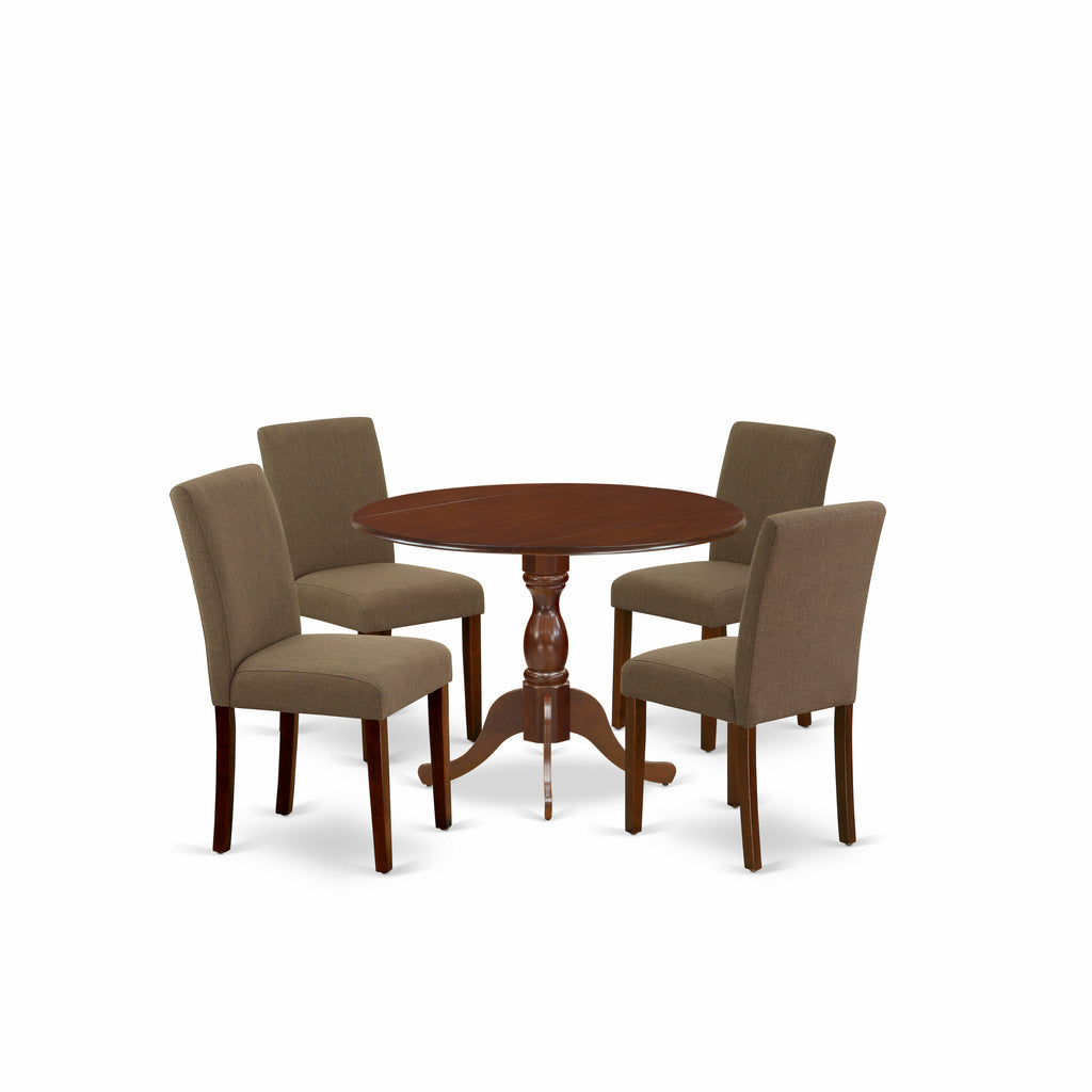 Juego de mesa de comedor moderna de 5 piezas DMAB5-MAH-18 de East West Furniture. Incluye una mesa redonda de madera con alas abatibles y 4 sillas tapizadas en tela de lino color café.