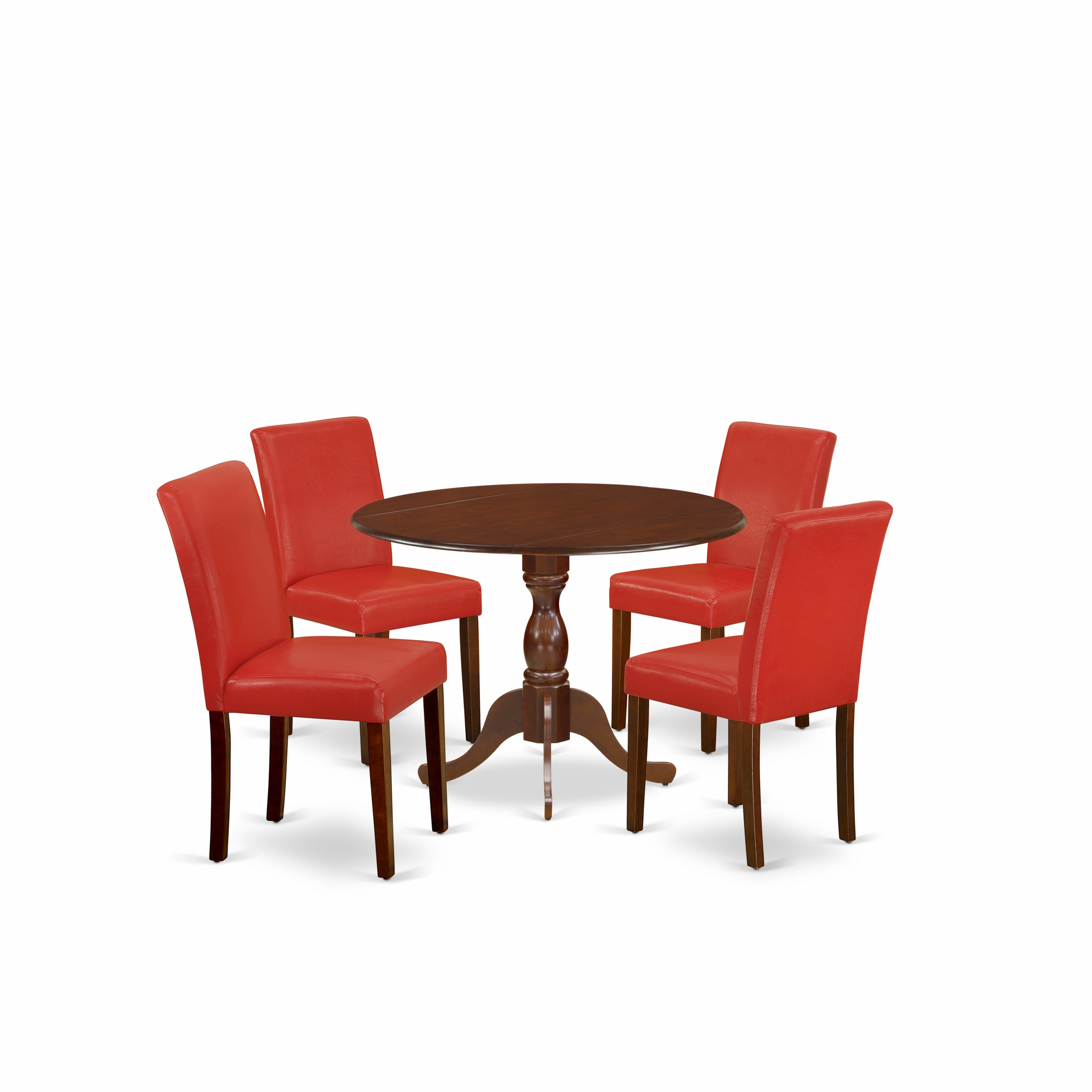 East West Furniture DMAB5-MAH-72 5 Piece Dining Table Set Contains 1 Drop Leaves Dining Table and 4 Firebrick Red PU faux Leather Upholstered Chairs with High Back - Mahogany Finish