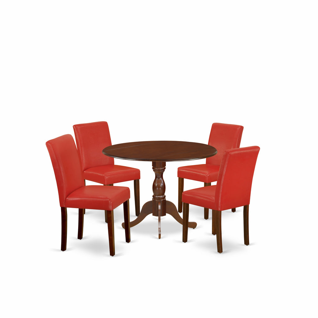 East West Furniture DMAB5-MAH-72 5 Piece Dining Table Set Includes a Round Kitchen Table with Dropleaf and 4 Firebrick Red Faux Leather Parson Dining Room Chairs