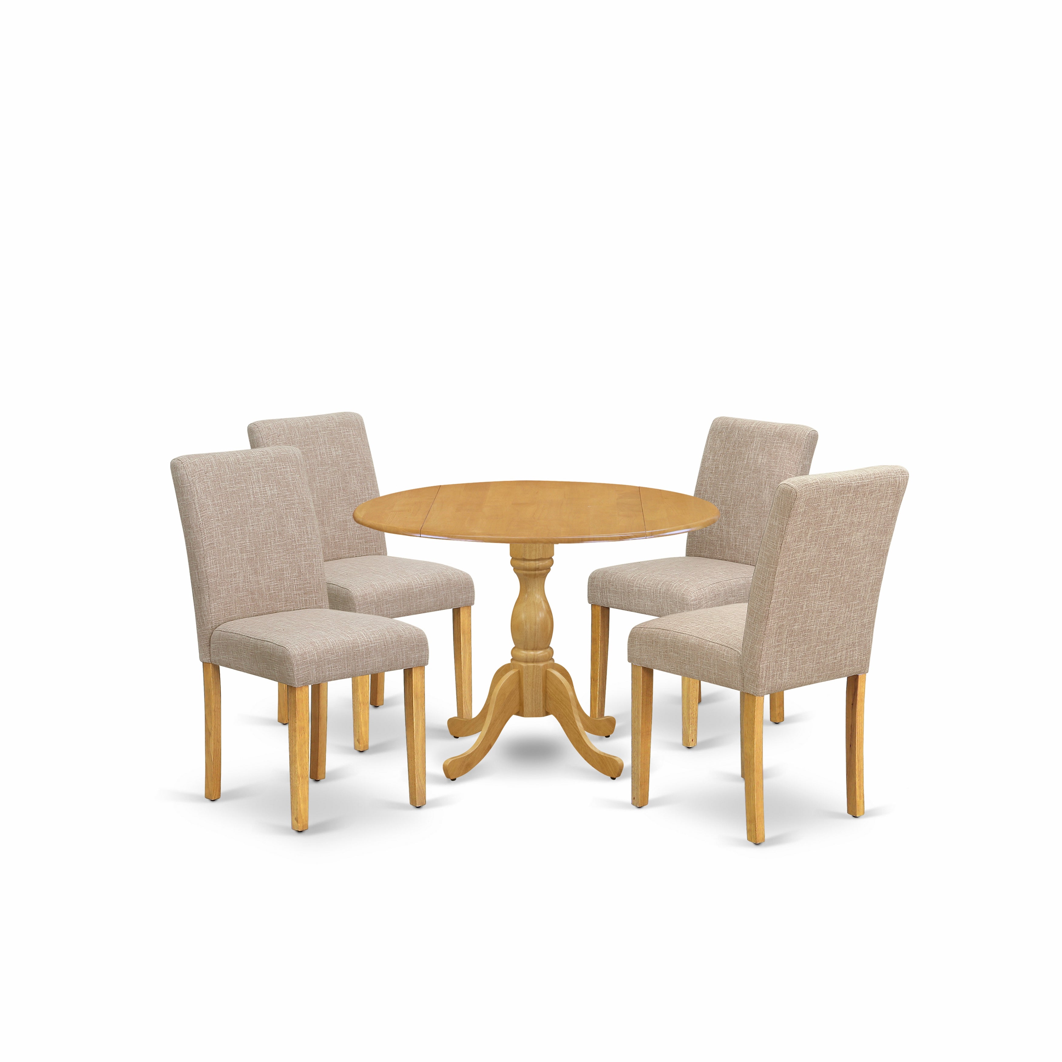 El juego de comedor de 5 piezas DMAB5-OAK-04 de East West Furniture incluye una mesa de comedor redonda con alas abatibles y 4 sillas Parson tapizadas en tela de lino color tostado claro.