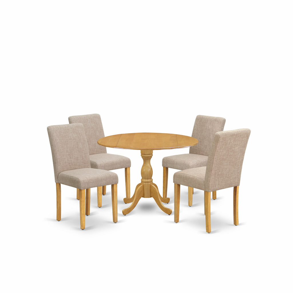 East West Furniture DMAB5-OAK-04 5 Piece Dining Set Includes a Round Dining Room Table with Dropleaf and 4 Light Tan Linen Fabric Upholstered Parson Chairs