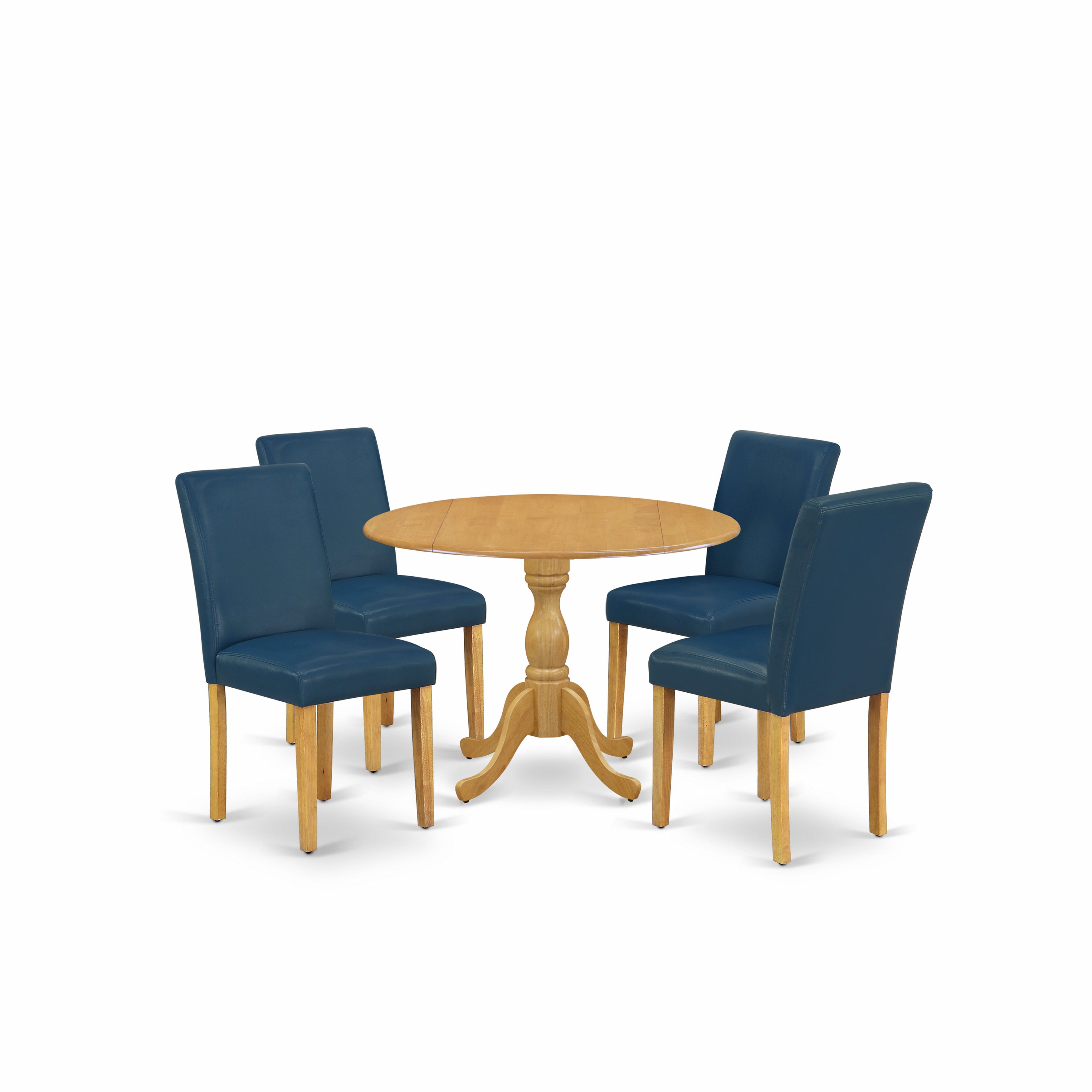 El juego de comedor de 5 piezas DMAB5-OAK-55 de East West Furniture incluye una mesa de comedor redonda con alas abatibles y 4 sillas Parson tapizadas en cuero sintético azul oasis.