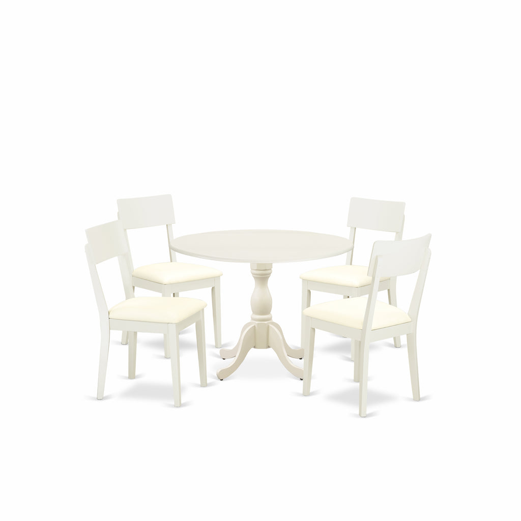 East West Furniture DMAD5-LWH-LC 5 Piece Dining Table Set for 4 Includes a Round Kitchen Table with Dropleaf and 4 Faux Leather Upholstered Dinette Chairs