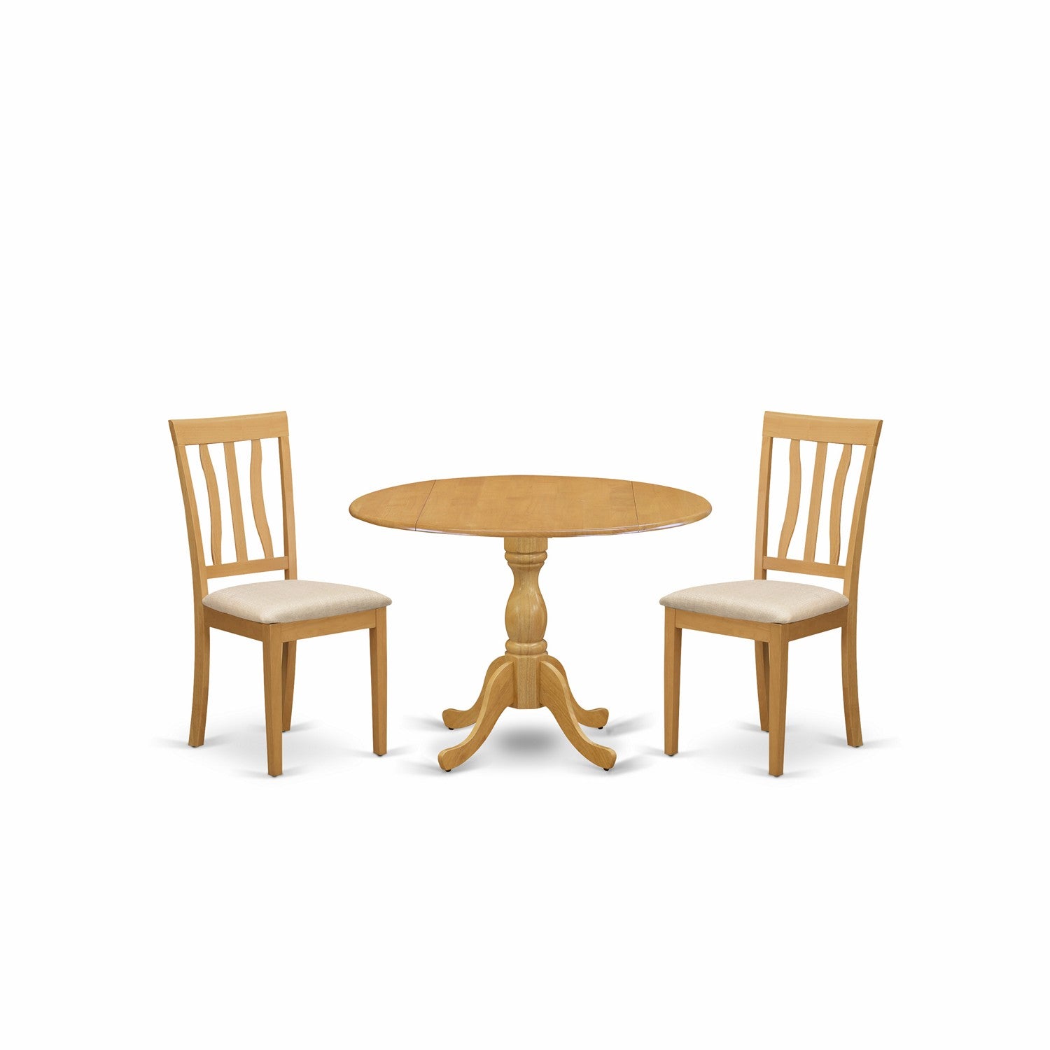 Juego de mesa de cocina de 3 piezas East West Furniture DMAN3-OAK-C para espacios pequeños. Incluye una mesa de comedor redonda con alas abatibles y 2 sillas tapizadas en tela de lino.
