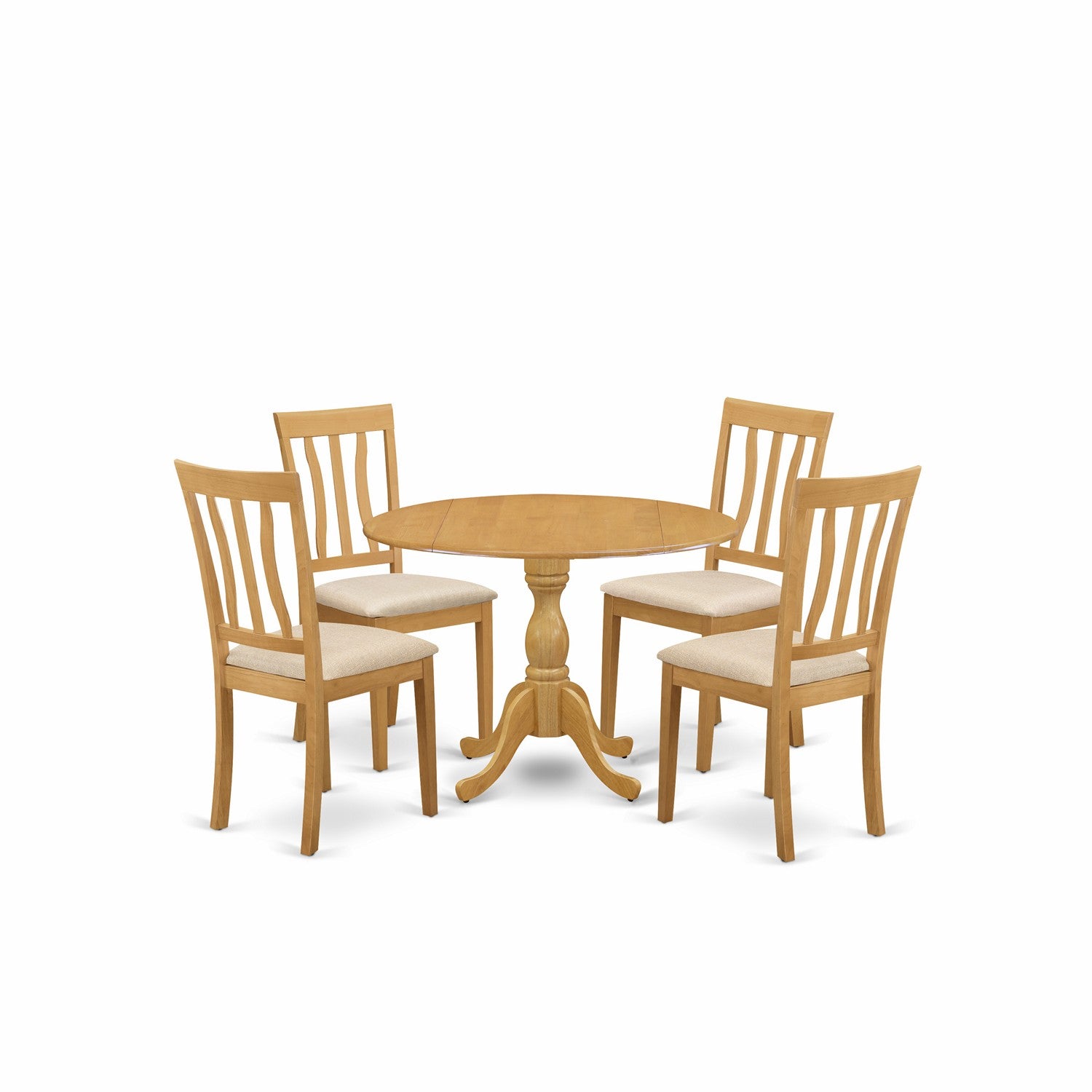 Juego de comedor de 5 piezas East West Furniture DMAN5-OAK-C para 4 personas. Incluye una mesa de comedor redonda con alas abatibles y 4 sillas de comedor de tela de lino.