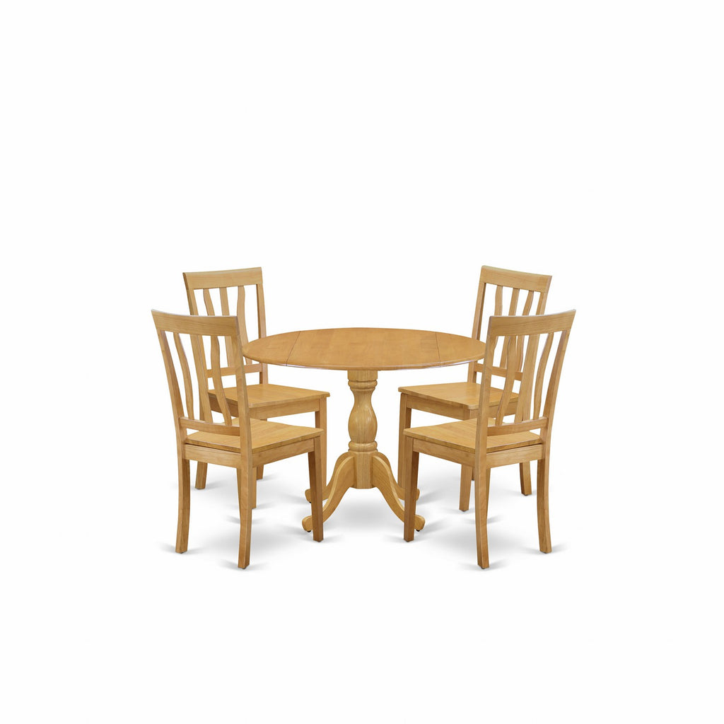 East West Furniture DMAN5-OAK-W 5 Piece Dining Room Table Set Includes a Round Kitchen Table with Dropleaf and 4 Dining Chairs
