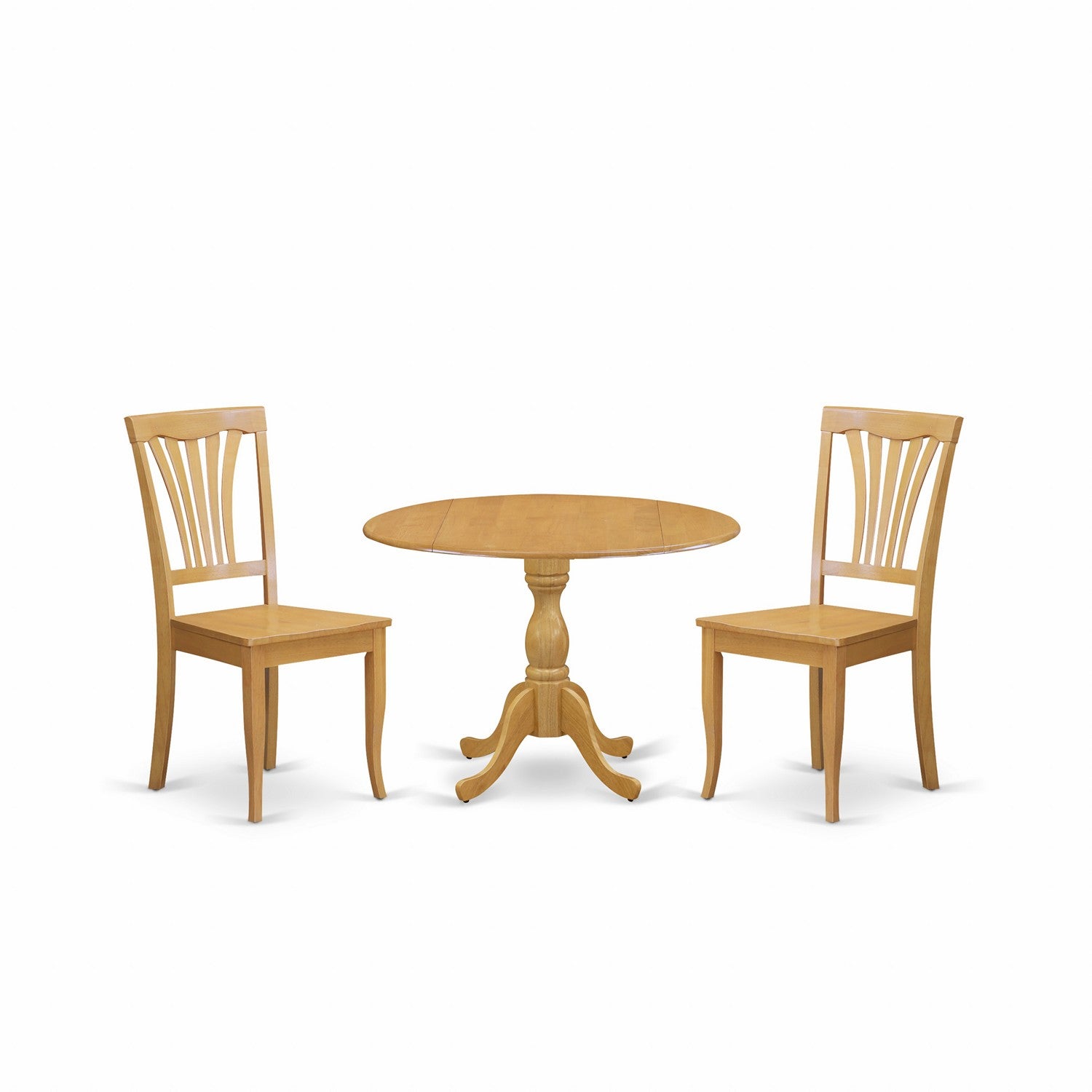 Juego de mesa de cocina de 3 piezas DMAV3-OAK-W de East West Furniture para espacios pequeños. Contiene una mesa de comedor redonda con alas abatibles y 2 sillas de comedor.