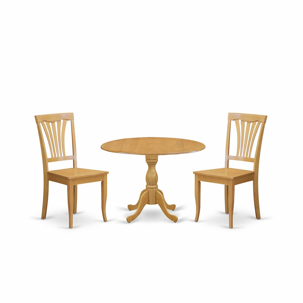 East West Furniture DMAV3-OAK-W 3 Piece Kitchen Table Set for Small Spaces Contains a Round Dining Room Table with Dropleaf and 2 Dining Chairs