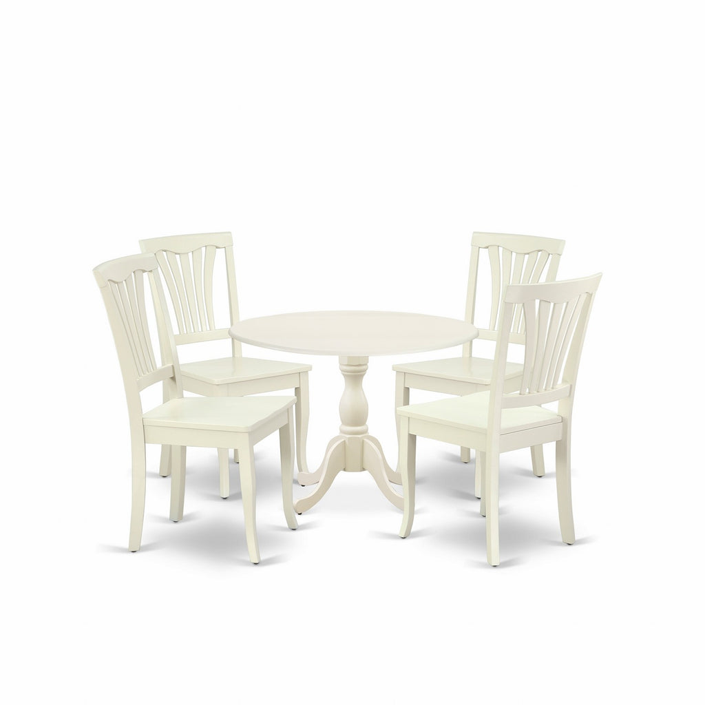 East West Furniture DMAV5-LWH-W 5 Piece Modern Dining Table Set Includes a Round Wooden Table with Dropleaf and 4 Dining Chairs, 42x42 Inch, Linen White