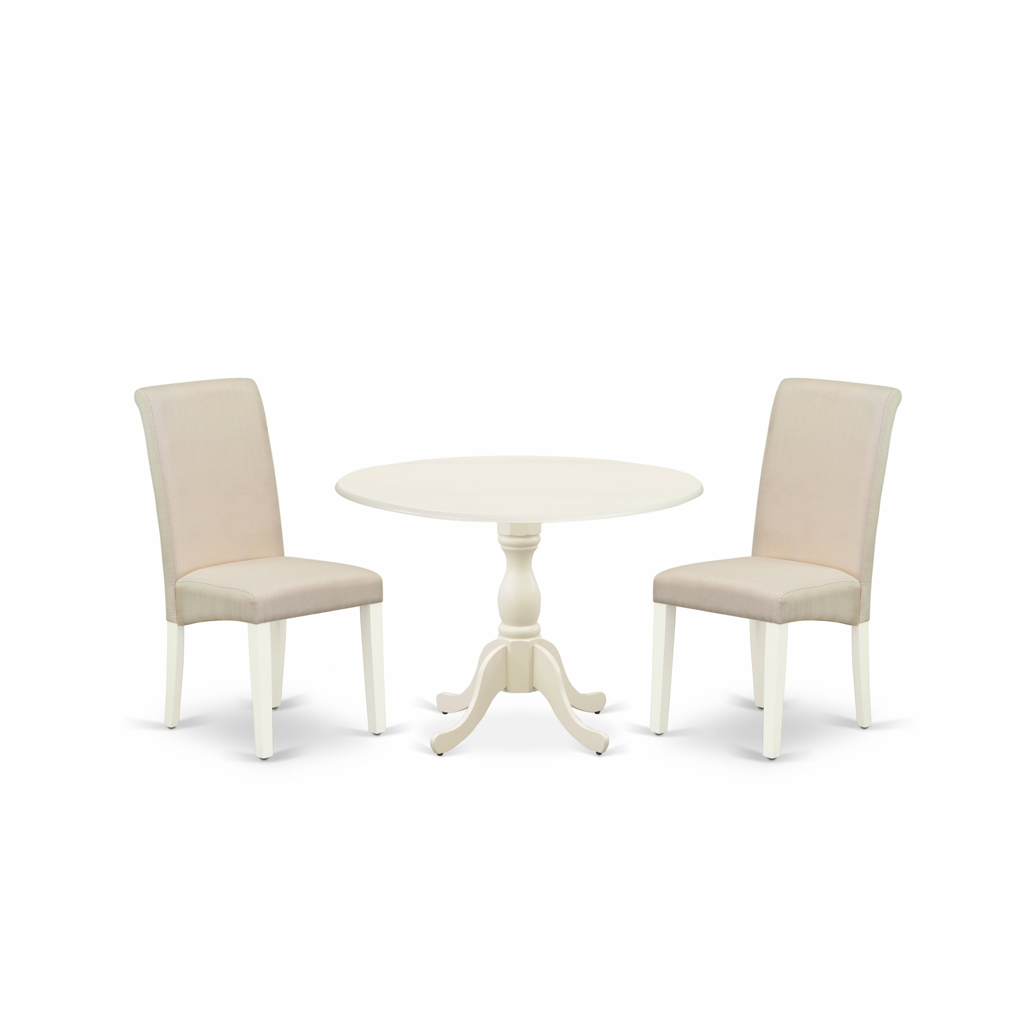 Juego de mesa de cocina de 3 piezas DMBA3-LWH-01 de East West Furniture para espacios pequeños. Incluye una mesa de comedor redonda con alas abatibles y dos sillas acolchadas de tela de lino color crema.