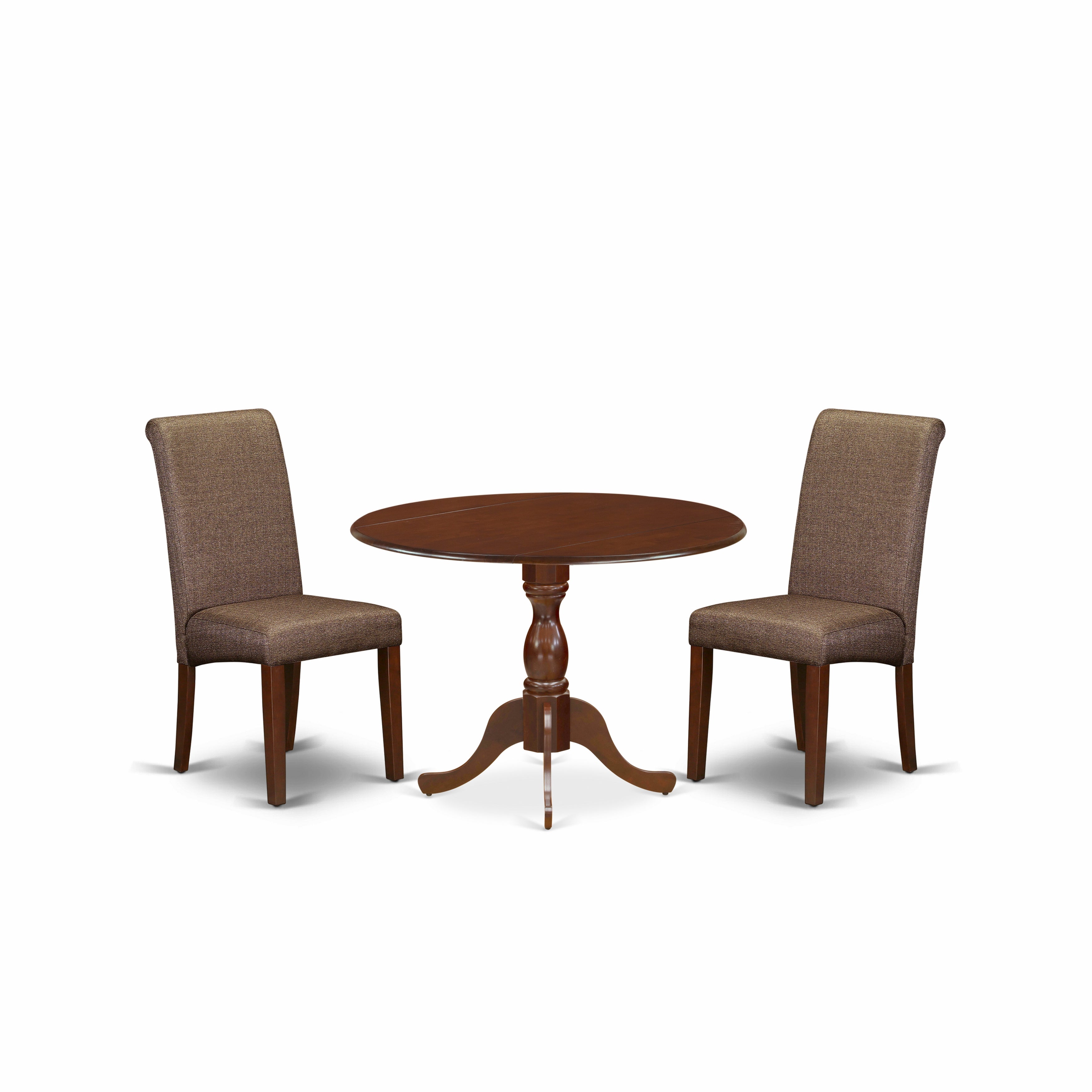 Juego de mesa de comedor de 3 piezas DMBA3-MAH-18 de East West Furniture. Incluye una mesa de comedor redonda con alas abatibles y dos sillas tapizadas en tela de lino marrón.