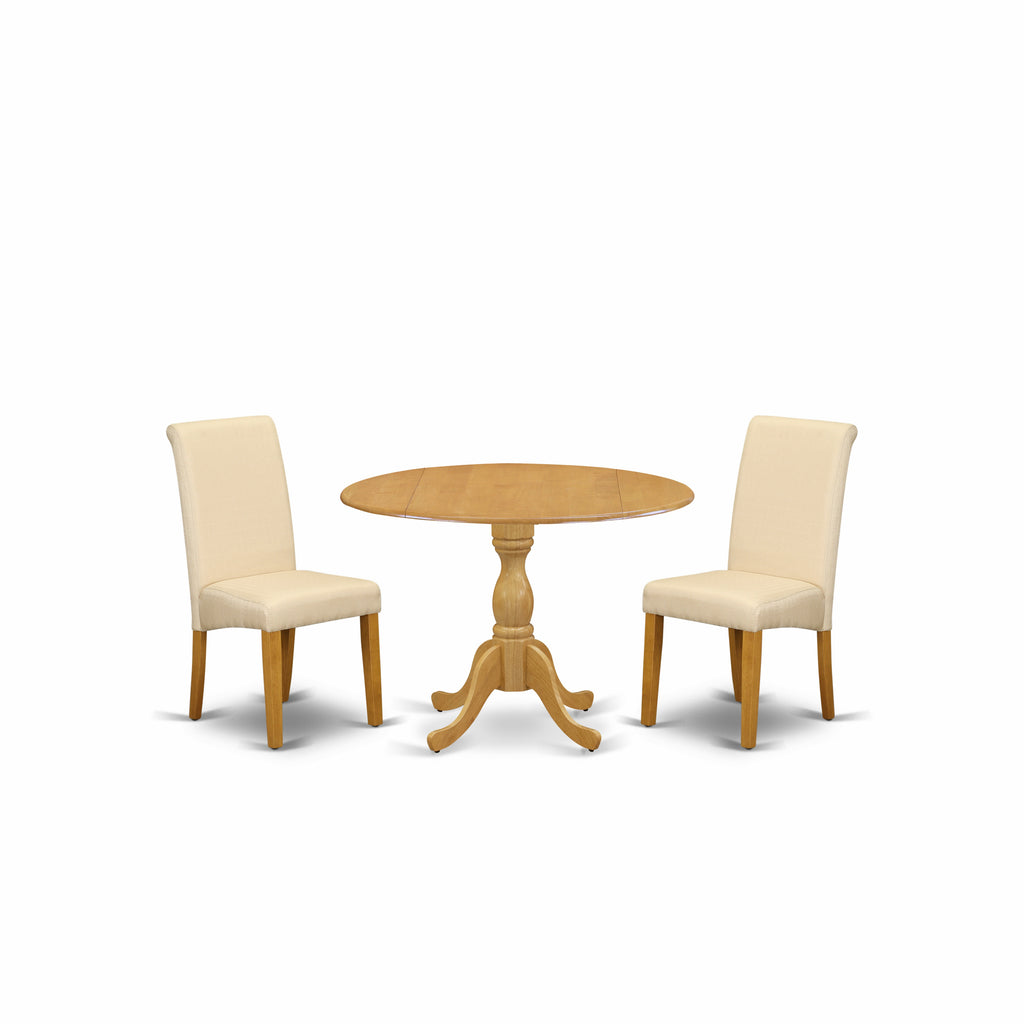 East West Furniture DMBA3-OAK-02 3 Piece Dining Room Table Set  Contains a Round Kitchen Table with Dropleaf and 2 Light Beige Linen Fabric Parson Dining Chairs, 42x42 Inch, Oak