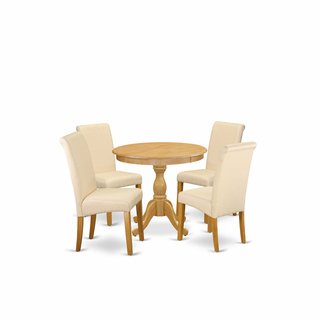 Juego de mesa de comedor de 5 piezas East West Furniture DMBA5-OAK-02 para 4 personas. Incluye una mesa de cocina redonda con alas abatibles y 4 sillas de comedor Parson de tela de lino beige claro.