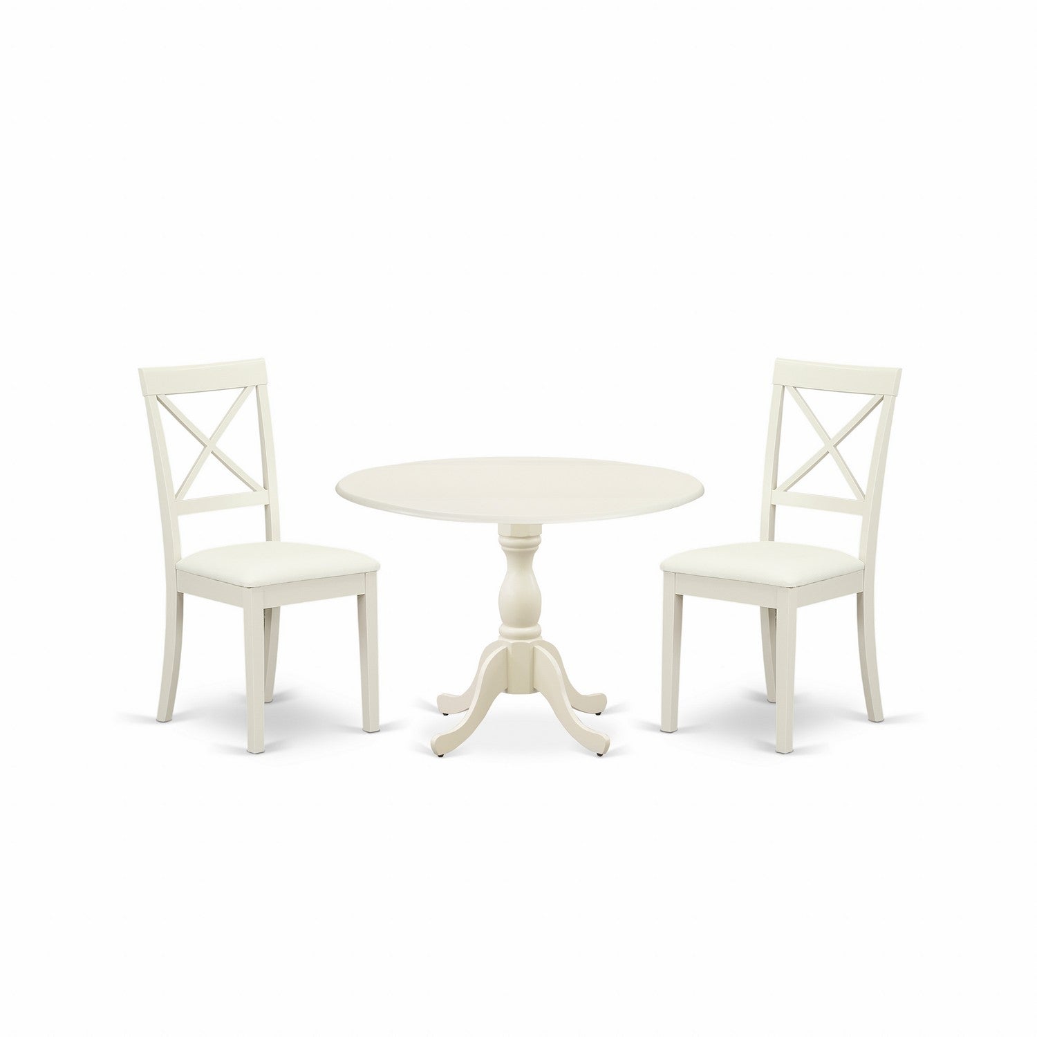 East West Furniture DMBO3-LWH-C 3 Piece Dinning Room Table Set Consists of 1 Drop Leaves Modern Dining Table and 2 Linen White Faux Leather Kitchen Chairs with X-Back - Linen White Finish