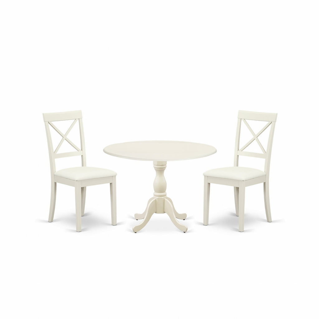 East West Furniture DMBO3-LWH-C 3 Piece Dining Table Set for Small Spaces Contains a Round Dining Room Table with Dropleaf and 2 Linen Fabric Upholstered Chairs, 42x42 Inch, Linen White