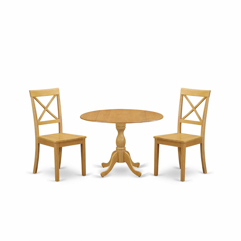 Juego de mesa de cocina de 3 piezas DMBO3-OAK-W de East West Furniture para espacios pequeños. Incluye una mesa de comedor redonda con alas abatibles y dos sillas con asiento de madera maciza.