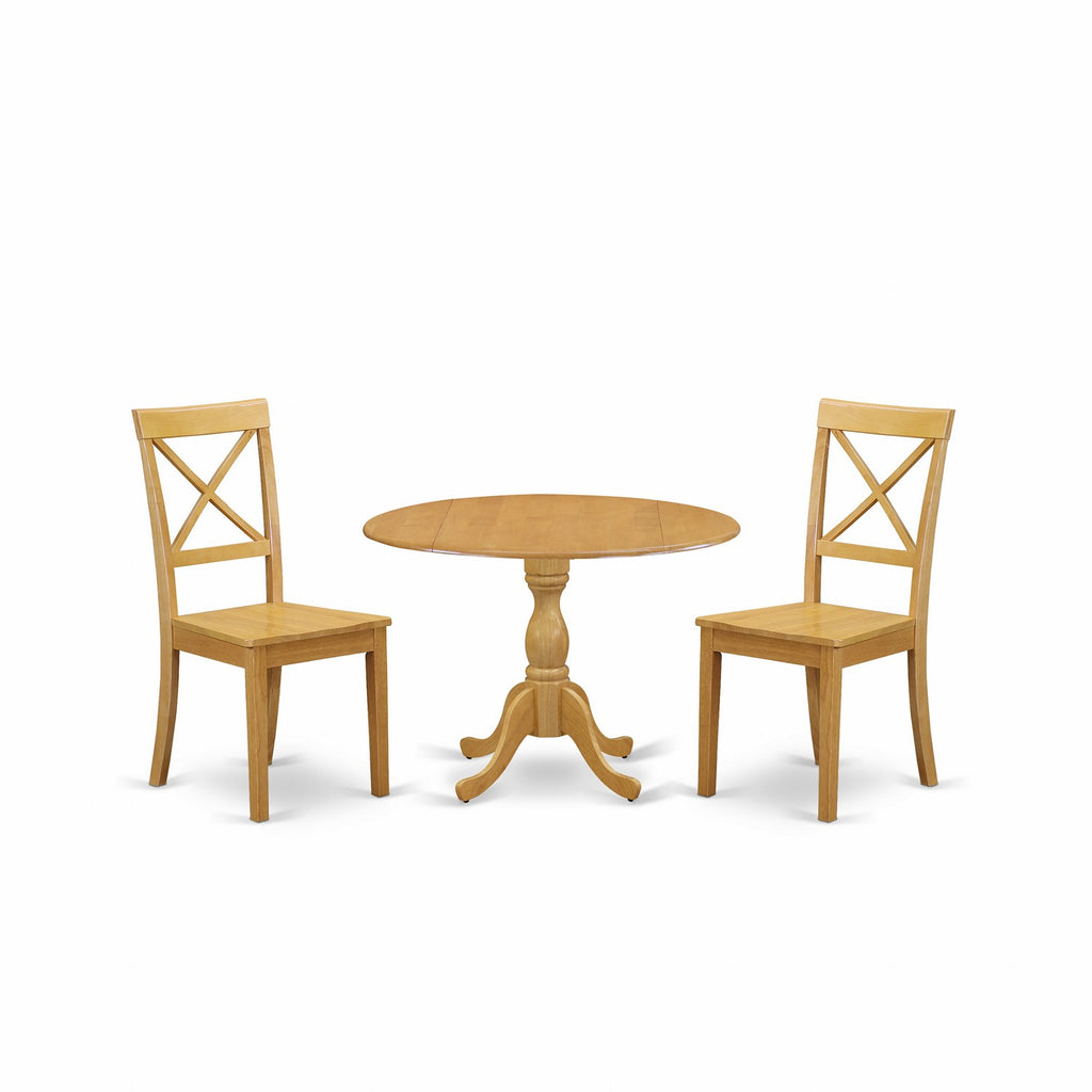 East West Furniture DMBO3-OAK-W 3 Piece Kitchen Table Set for Small Spaces Contains a Round Dining Room Table with Dropleaf and 2 Solid Wood Seat Chairs, 42x42 Inch, Oak