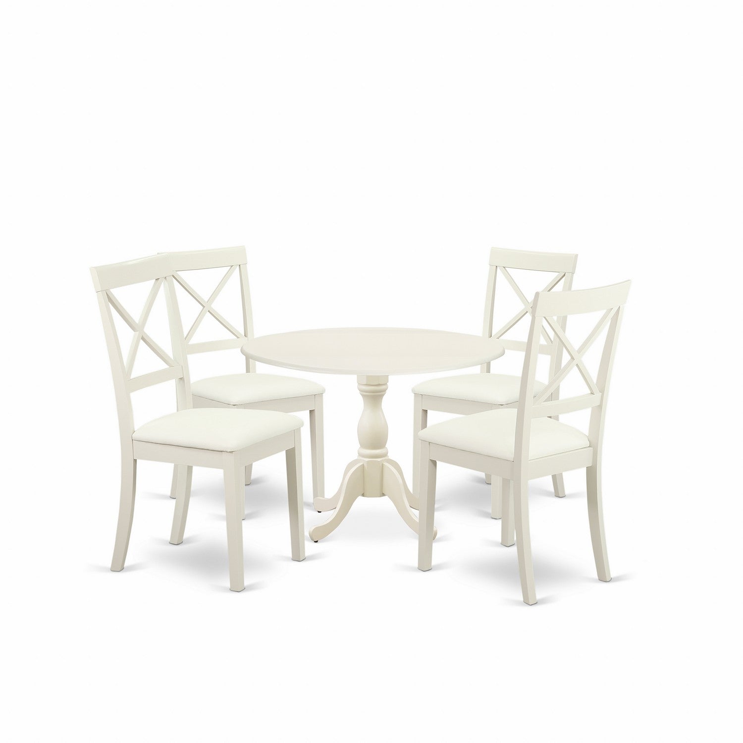 East West Furniture DMBO5-LWH-C 5 Piece Dining Room Set Includes 1 Drop Leaves Dining Room Table and 4 linen white faux Leather Mid Century Dining Chairs with X-Back - linen white Finish