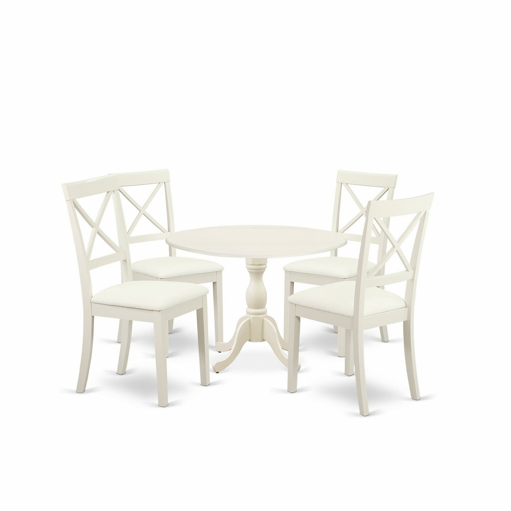 East West Furniture DMBO5-LWH-C 5 Piece Dining Table Set for 4 Includes a Round Kitchen Table with Dropleaf and 4 Linen Fabric Upholstered Dinette Chairs, 42x42 Inch, Linen White