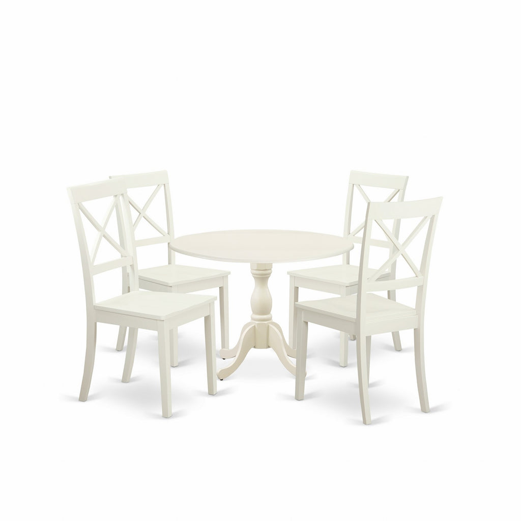 East West Furniture DMBO5-LWH-W 5 Piece Modern Dining Table Set Includes a Round Wooden Table with Dropleaf and 4 Dining Chairs, 42x42 Inch, Linen White