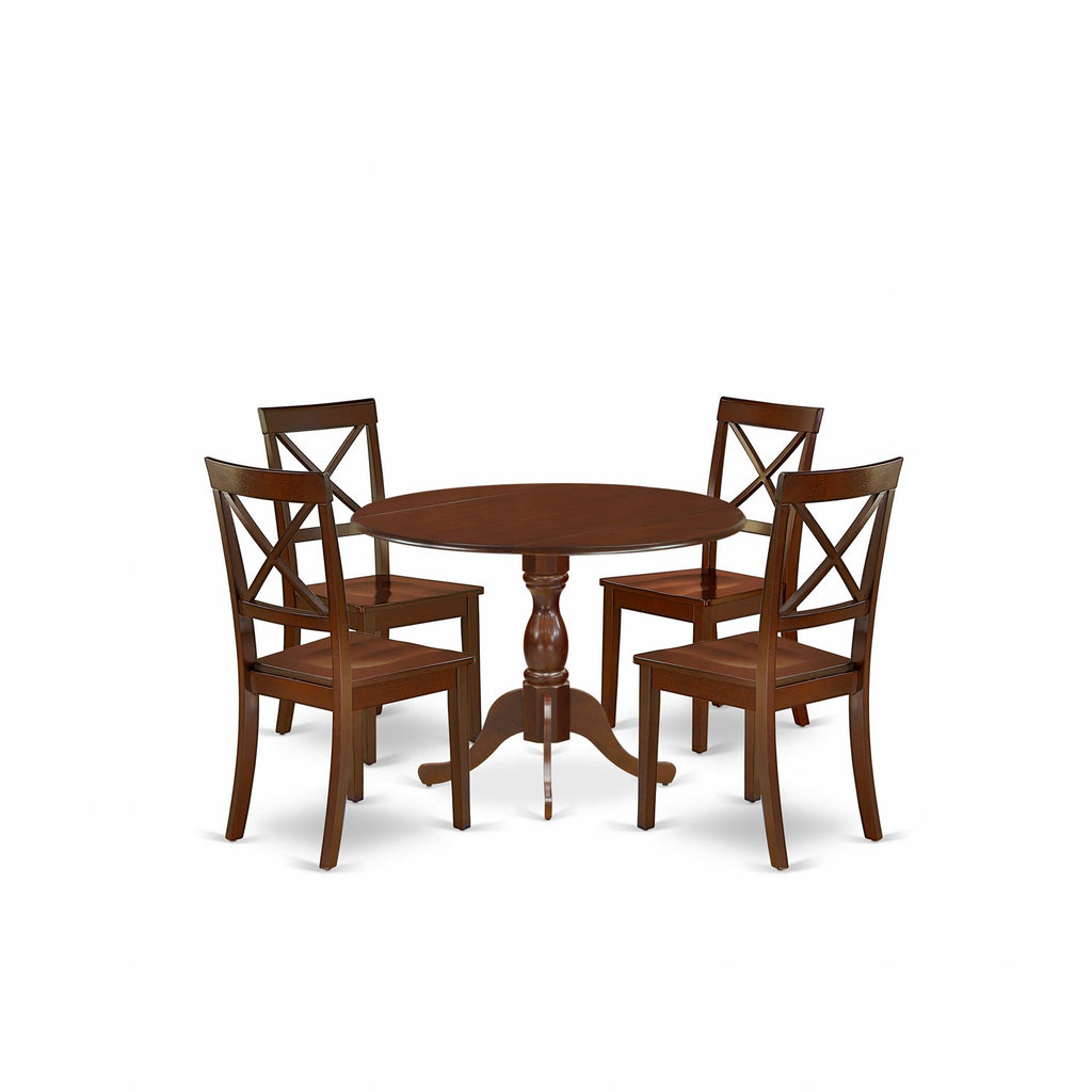 Juego de mesa de comedor moderna de 5 piezas DMBO5-MAH-W de East West Furniture. Incluye una mesa redonda de madera con alas abatibles y 4 sillas de comedor.