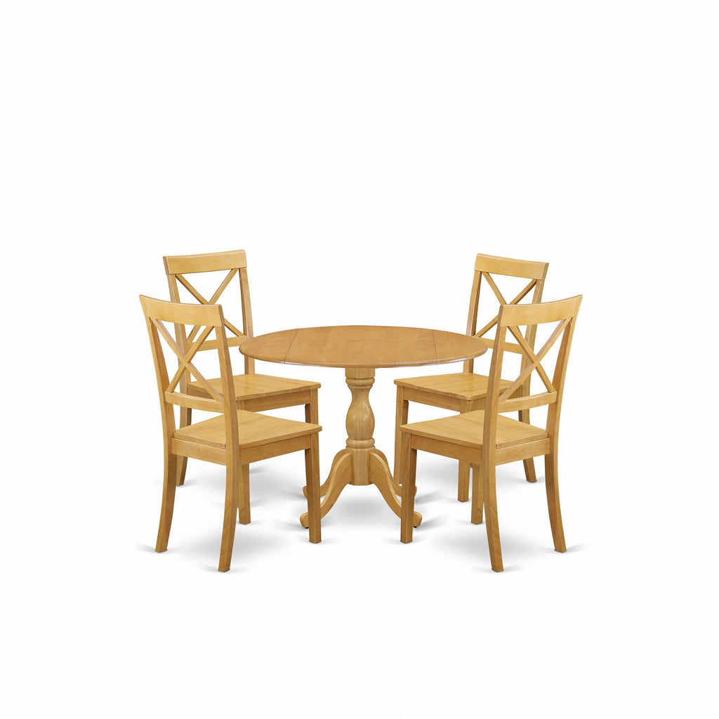 Juego de mesa y sillas de cocina de 5 piezas DMBO5-OAK-W de East West Furniture. Incluye una mesa de comedor redonda con alas abatibles y 4 sillas de comedor.