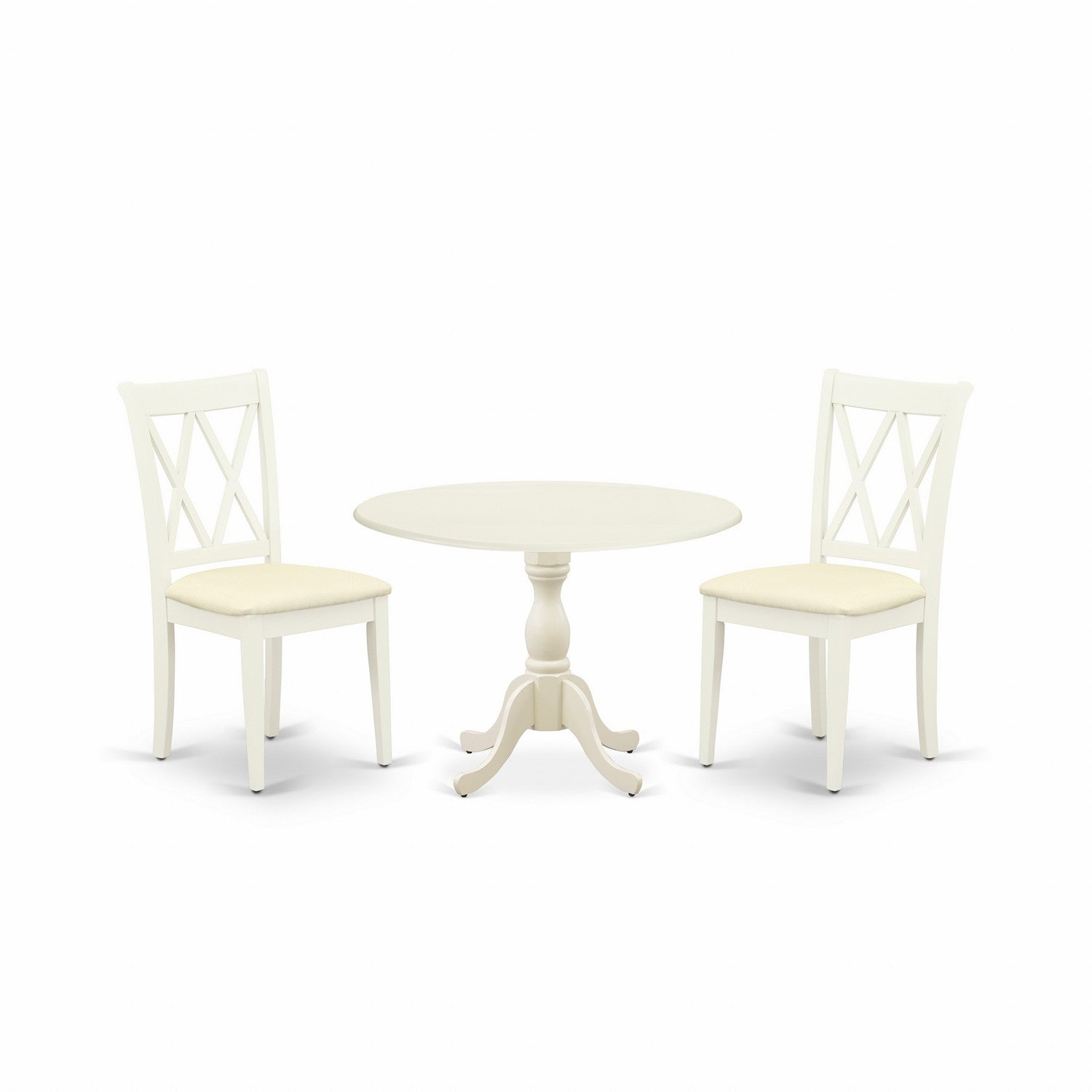 East West Furniture DMCL3-LWH-C 3 Piece Dining Room Table Set Includes 1 Drop Leaves Wood Dining Table and 2 linen white Dinning Room Chairs with Double X-Back - linen white Finish