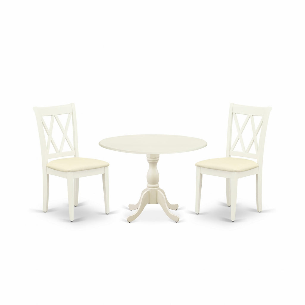 Juego de mesa de cocina de 3 piezas DMCL3-LWH-C de East West Furniture para espacios pequeños. Incluye una mesa de comedor redonda con alas abatibles y dos sillas tapizadas en tela de lino.