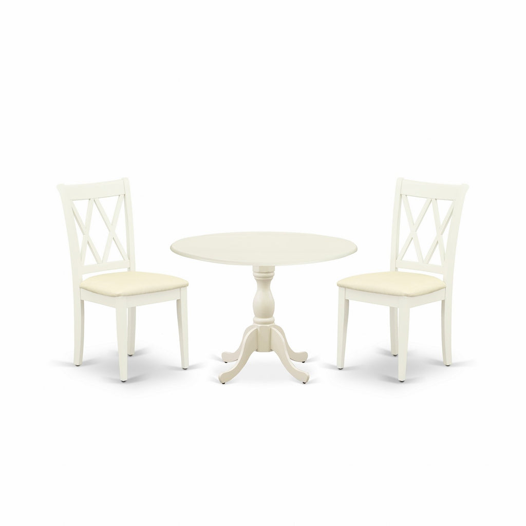 East West Furniture DMCL3-LWH-C 3 Piece Kitchen Table Set for Small Spaces Contains a Round Dining Room Table with Dropleaf and 2 Linen Fabric Upholstered Chairs, 42x42 Inch, Linen White