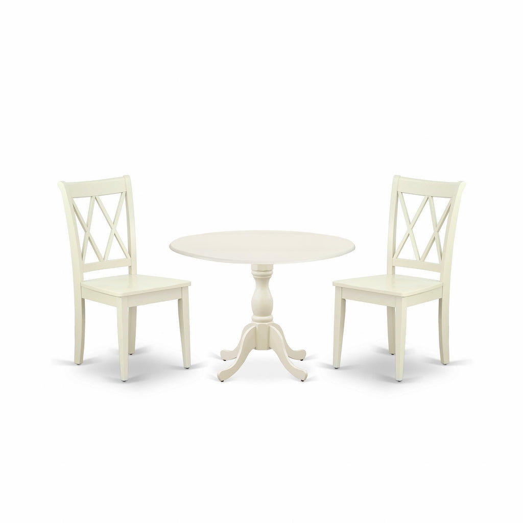 Juego de comedor de 3 piezas DMCL3-LWH-W de East West Furniture para espacios pequeños. Contiene una mesa de comedor redonda con alas abatibles y 2 sillas de comedor.