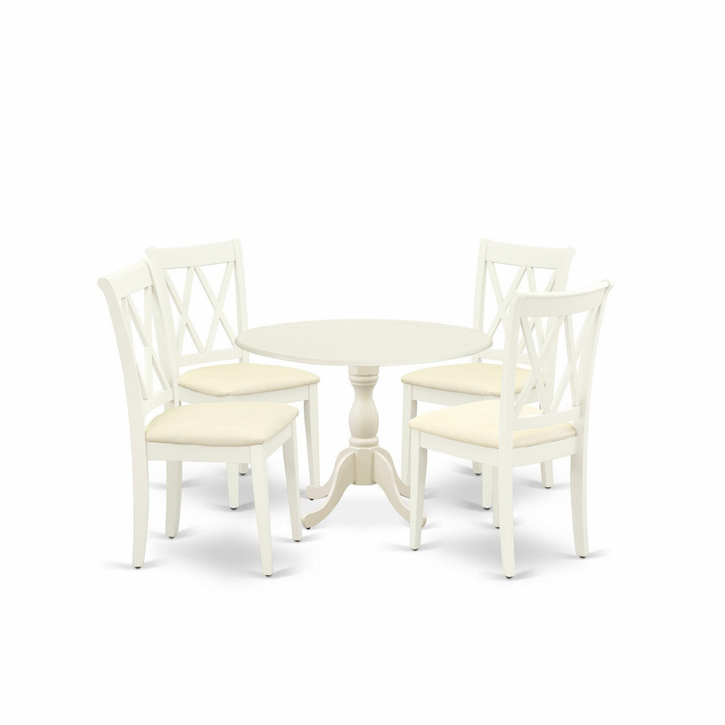East West Furniture DMCL5-LWH-C 5 Piece Dinette Set for 4 Includes a Round Dining Room Table with Dropleaf and 4 Linen Fabric Upholstered Dining Chairs, 42x42 Inch, Linen White