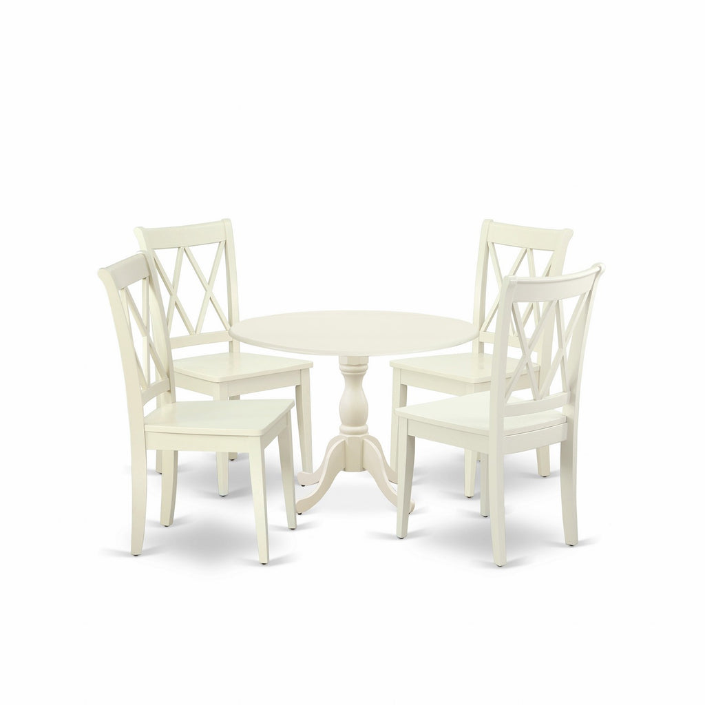 El juego de mesa de comedor de 5 piezas DMCL5-LWH-W de East West Furniture incluye una mesa de comedor redonda con alas abatibles y 4 sillas con asiento de madera.