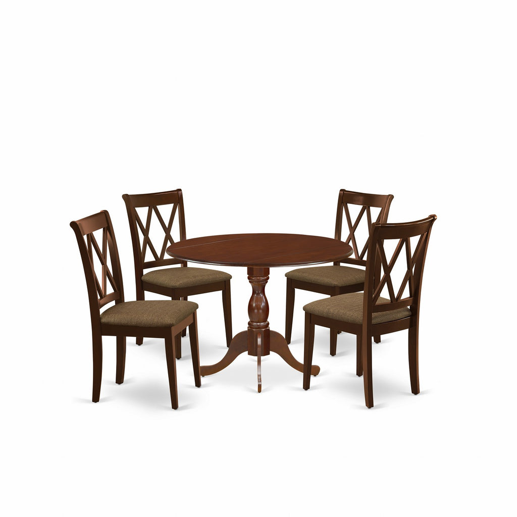 Juego de mesa de cocina de 5 piezas DMCL5-MAH-C de East West Furniture para 4 personas. Incluye una mesa de comedor redonda con alas abatibles y 4 sillas de comedor de tela de lino.