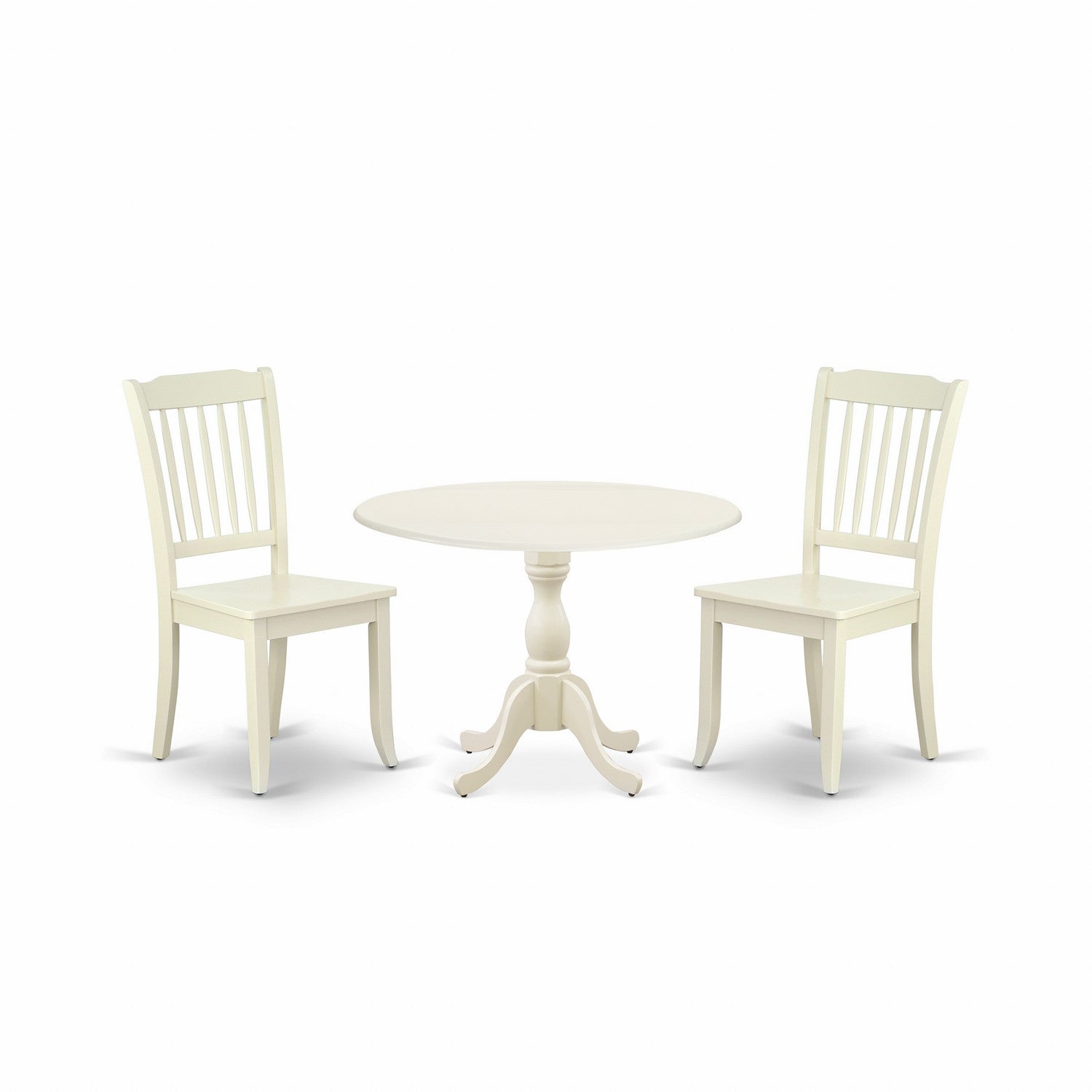 Juego de mesa de comedor de 3 piezas DMDA3-LWH-W de East West Furniture para espacios pequeños. Incluye una mesa de comedor redonda con alas abatibles y dos sillas con asiento de madera.