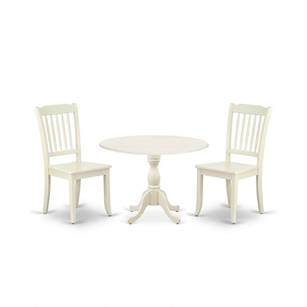 Juego de mesa de comedor de 3 piezas DMDA3-LWH-W de East West Furniture para espacios pequeños. Incluye una mesa de comedor redonda con alas abatibles y dos sillas con asiento de madera.