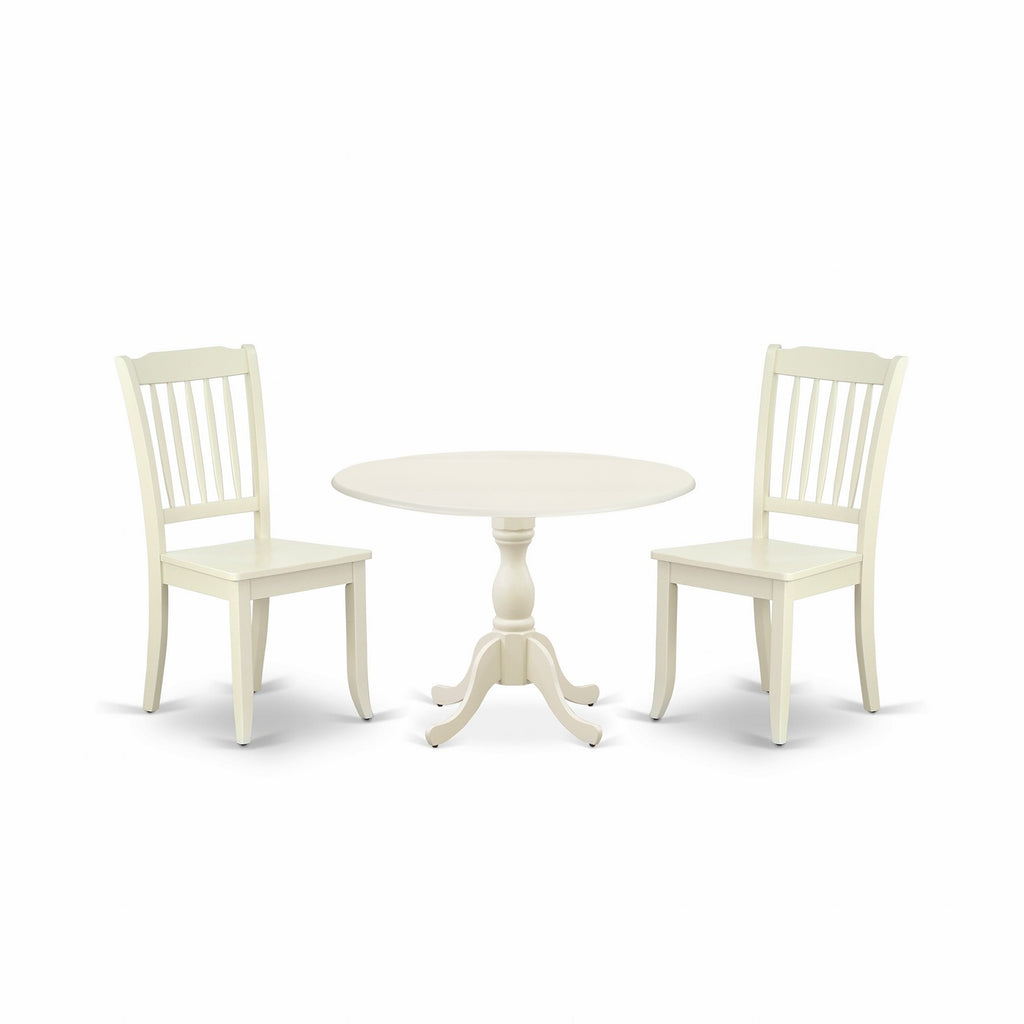 East West Furniture DMDA3-LWH-W 3 Piece Dining Table Set for Small Spaces Contains a Round Dining Room Table with Dropleaf and 2 Wood Seat Chairs, 42x42 Inch, Linen White