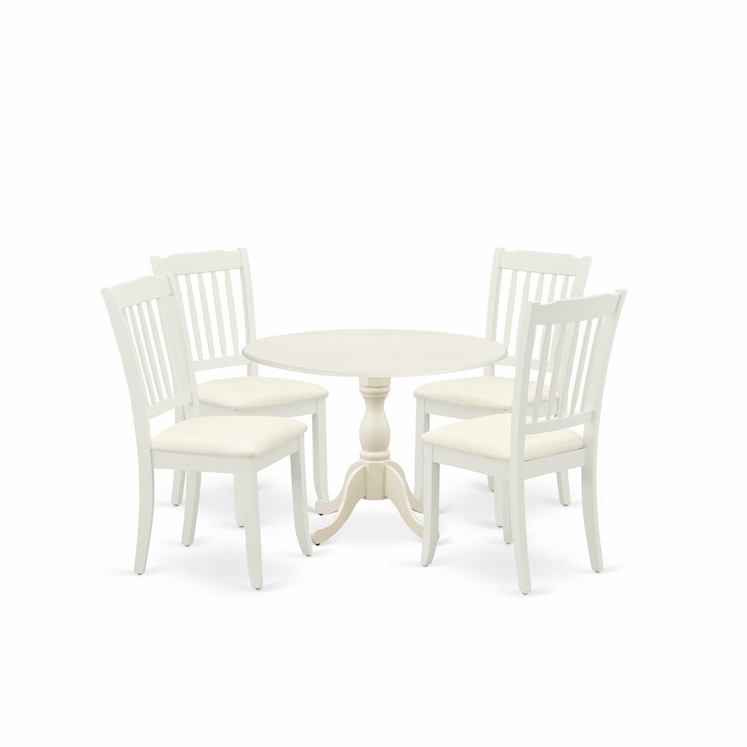 East West Furniture DMDA5-LWH-C 5 Piece Dining Room Set Consists of 1 Drop Leaves Dining Room Table and 4 linen white Kitchen Chairs with Slatted Back - linen white Finish