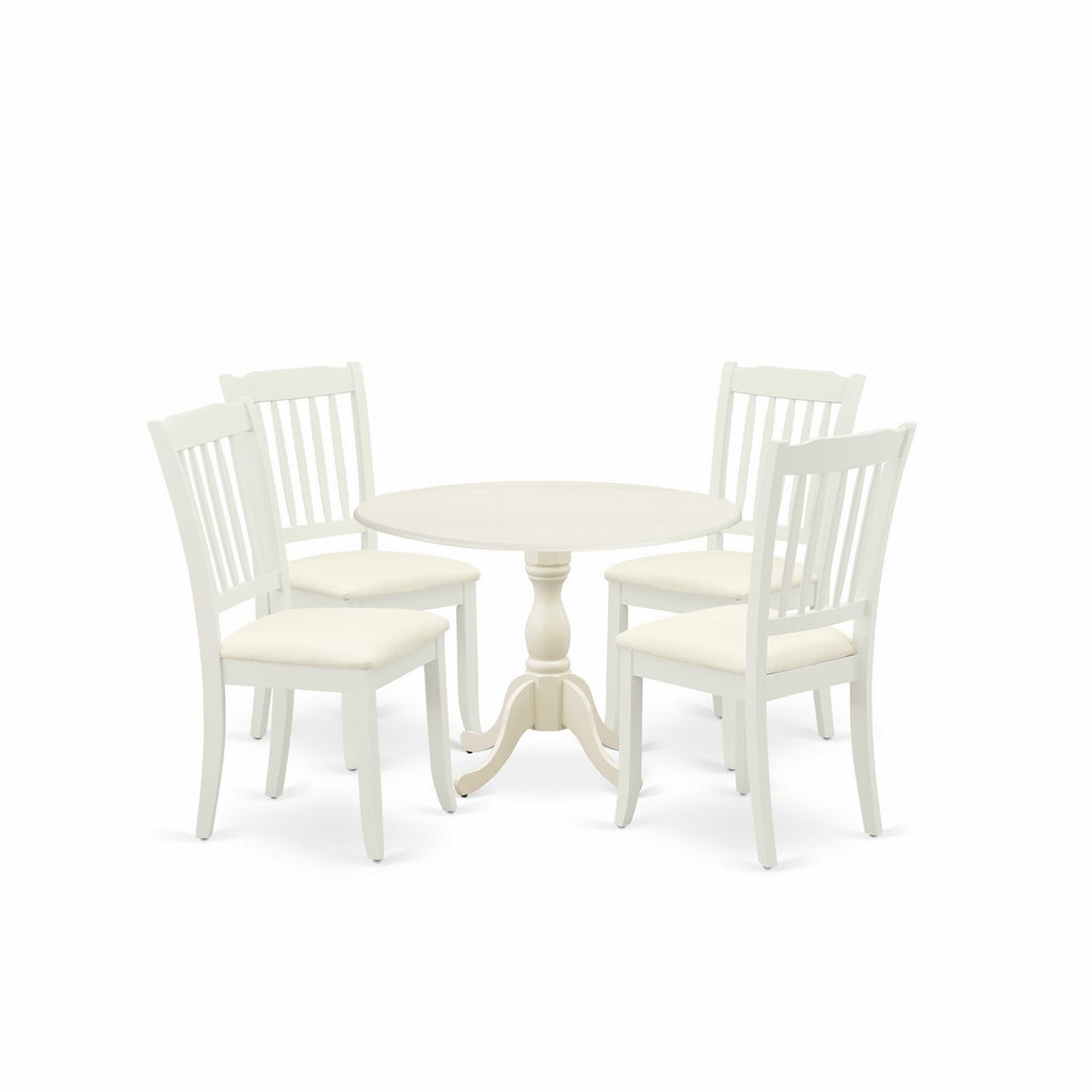 East West Furniture DMDA5-LWH-C 5 Piece Dinette Set for 4 Includes a Round Dining Room Table with Dropleaf and 4 Linen Fabric Upholstered Dining Chairs, 42x42 Inch, Linen White