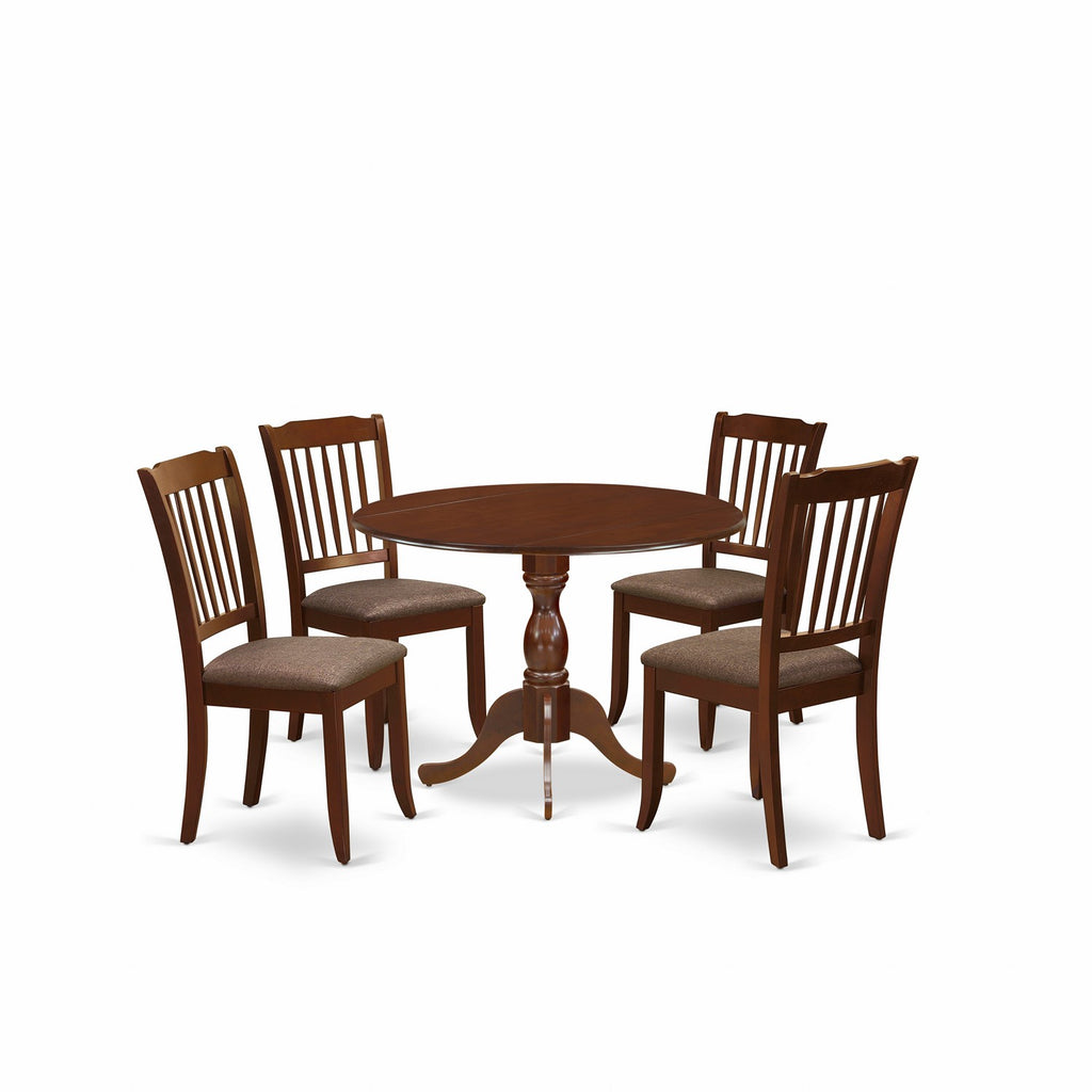 Juego de mesa de comedor moderna de 5 piezas DMDA5-MAH-C de East West Furniture. Incluye una mesa redonda de madera con alas abatibles y 4 sillas de comedor de cocina de tela de lino.